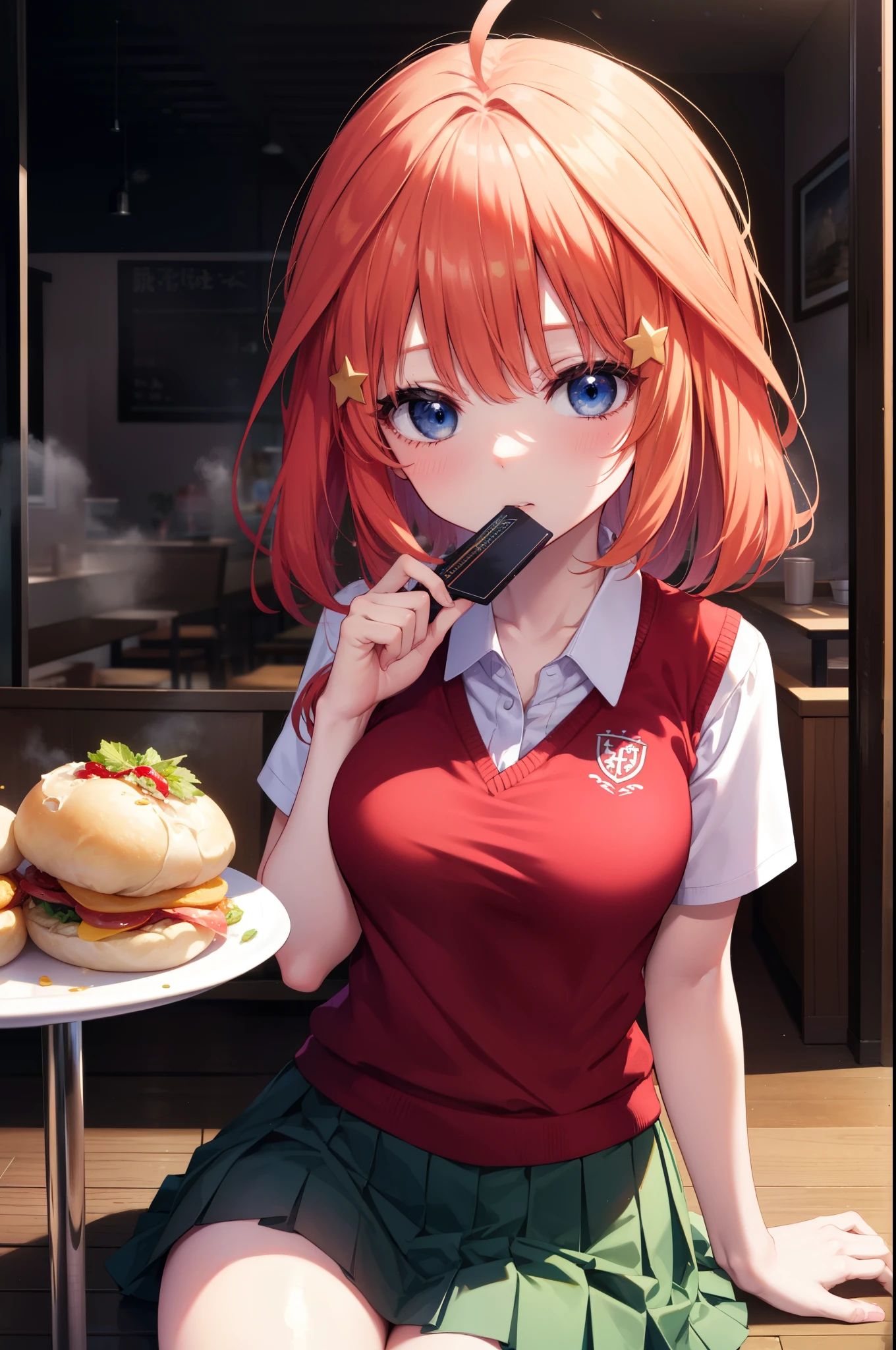 itsukinakano, Itsuki Nakano, bangs, hair between eyes, Ahoge, redhead, blue eyes,star \(symbol\), hair ornaments, star hair ornaments笑顔,He is holding a steamed bun in his right hand, which has his mouth open.,sitting in a chair,a large amount of food is placed on the table,
break skirt, shirt, school uniform, clavicle, white shirt, short sleeve, pleated skirt,  collared shirt, mini skirt, black pantyhose, green skirt, sweater vest, red sweater vest,
break indoors, restaurant,viking,Buffet,
break (masterpiece:1.2), highest quality, High resolution, unity 8k wallpaper, (figure:0.8),  highly detailed face, perfect lighting, Very detailed CG, (perfect hands, perfect anatomy),