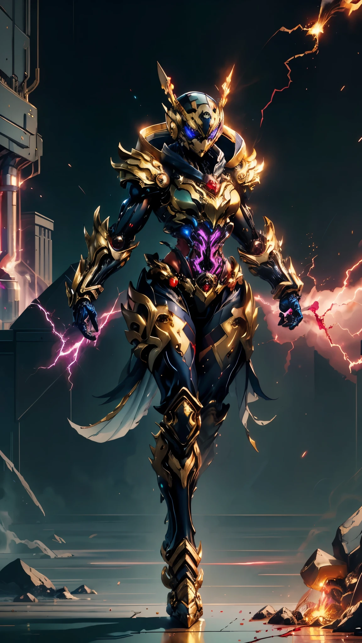 A woman adorned in fantasy-style full-body armor, a crown-concept fully enclosed helmet that unveils only her eyes, a composite layered chest plate, fully encompassing shoulder and hand guards, a lightweight waist armor, form-fitting shin guards, the overall design is heavy-duty yet flexible, ((the armor gleams with a golden glow, complemented by red and blue accents)), exhibiting a noble aura, she floats above a fantasy-surreal high-tech city, this character embodies a finely crafted fantasy-surreal style armored hero in anime style, exquisite and mature manga art style, (mixture of Queen bee and Spider concept Armor, plasma, blood), ((Element, energy, elegant, goddess, femminine:1.5)), metallic, high definition, best quality, highres, ultra-detailed, ultra-fine painting, extremely delicate, professional, anatomically correct, symmetrical face, extremely detailed eyes and face, high quality eyes, creativity, RAW photo, UHD, 32k, Natural light, cinematic lighting, masterpiece-anatomy-perfect, masterpiece:1.5