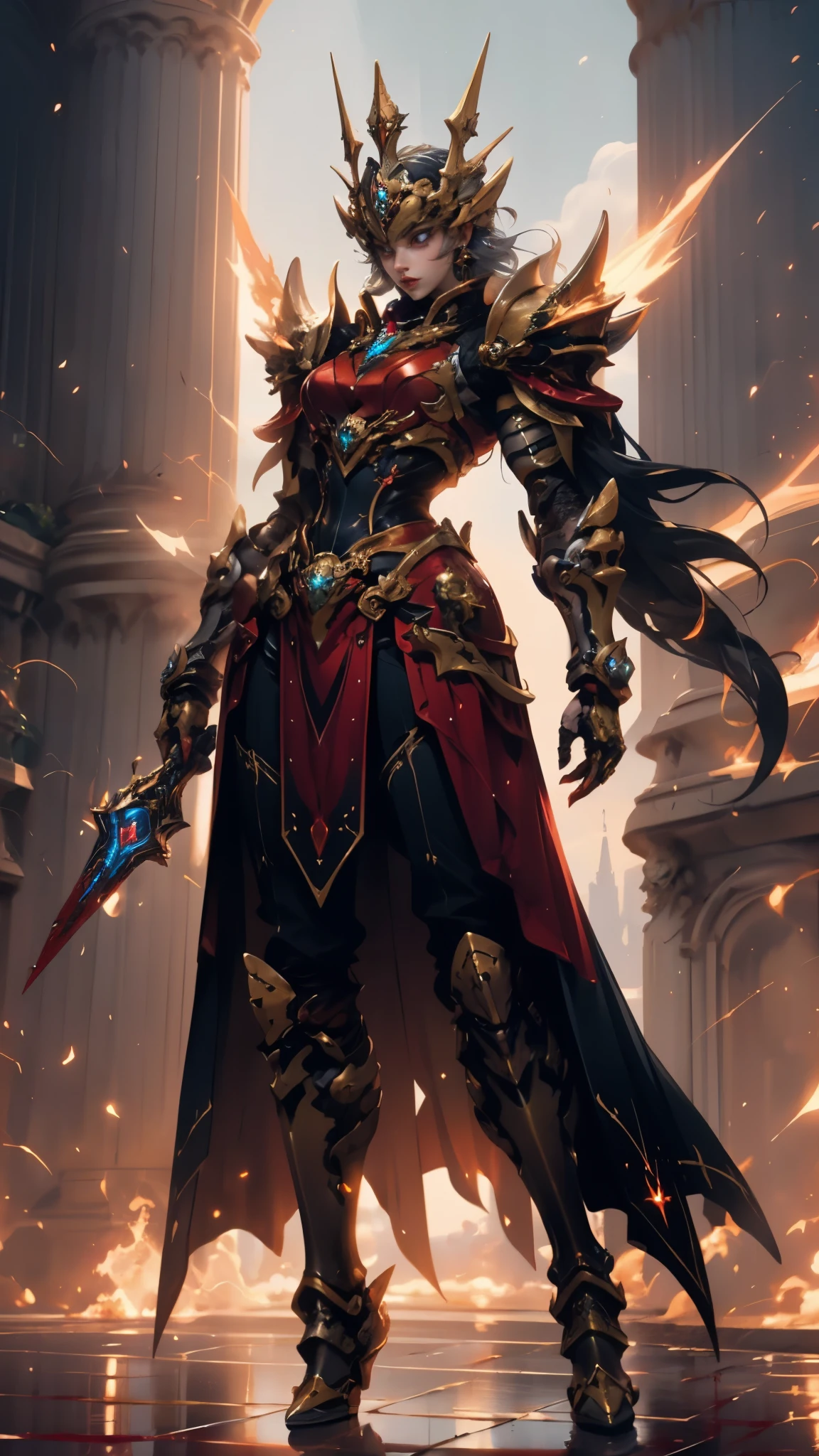 A woman adorned in fantasy-style full-body armor, a crown-concept fully enclosed helmet that unveils only her eyes, a composite layered chest plate, fully encompassing shoulder and hand guards, a lightweight waist armor, form-fitting shin guards, the overall design is heavy-duty yet flexible, ((the armor gleams with a golden glow, complemented by red and blue accents)), exhibiting a noble aura, she floats above a fantasy-surreal high-tech city, this character embodies a finely crafted fantasy-surreal style armored hero in anime style, exquisite and mature manga art style, (mixture of Queen bee and Spider concept Armor, plasma, blood), ((Element, energy, elegant, goddess, femminine:1.5)), metallic, high definition, best quality, highres, ultra-detailed, ultra-fine painting, extremely delicate, professional, anatomically correct, symmetrical face, extremely detailed eyes and face, high quality eyes, creativity, RAW photo, UHD, 32k, Natural light, cinematic lighting, masterpiece-anatomy-perfect, masterpiece:1.5