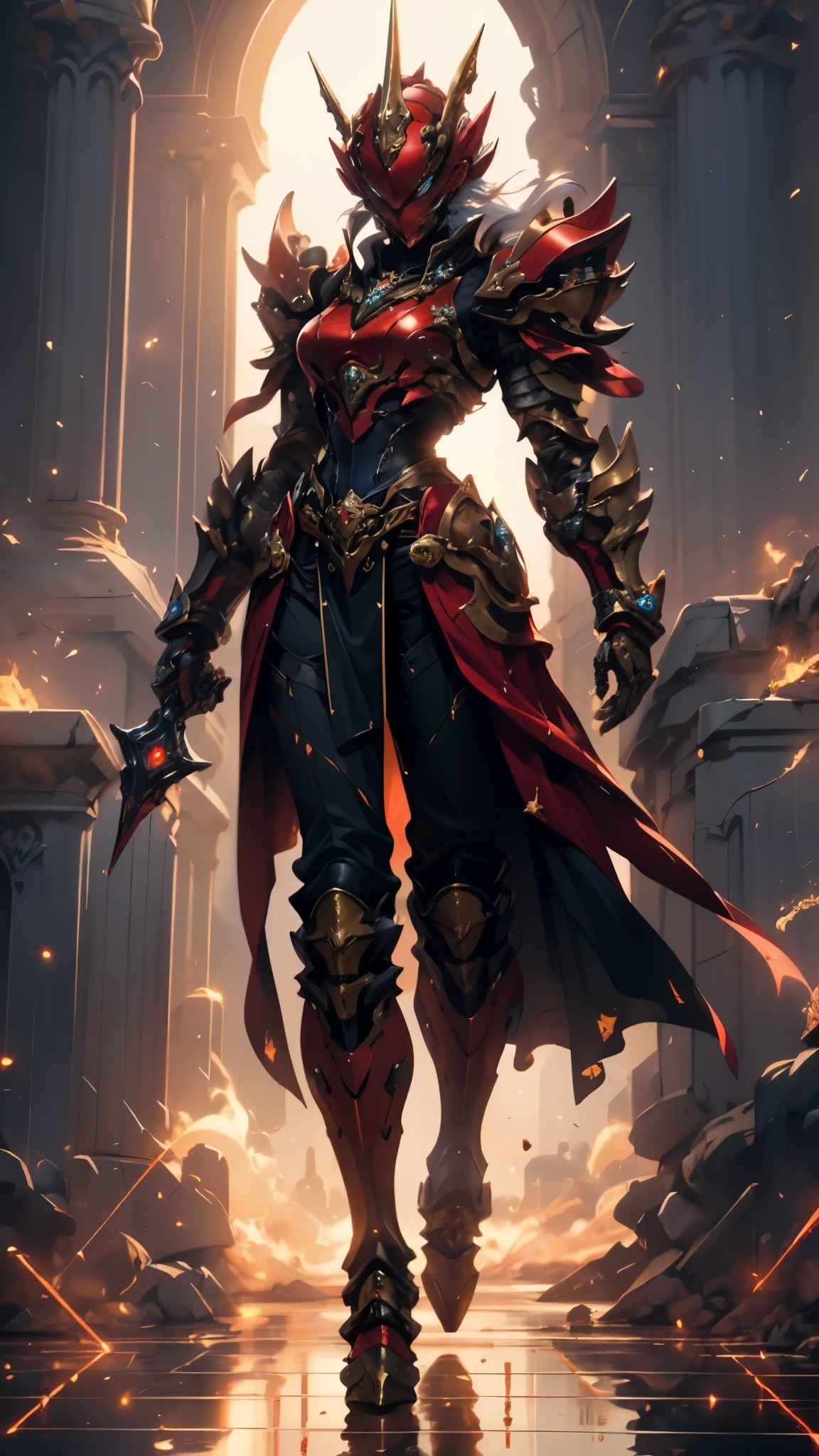 A woman adorned in fantasy-style full-body armor, a crown-concept fully enclosed helmet that unveils only her eyes, a composite layered chest plate, fully encompassing shoulder and hand guards, a lightweight waist armor, form-fitting shin guards, the overall design is heavy-duty yet flexible, ((the armor gleams with a golden glow, complemented by red and blue accents)), exhibiting a noble aura, she floats above a fantasy-surreal high-tech city, this character embodies a finely crafted fantasy-surreal style armored hero in anime style, exquisite and mature manga art style, (mixture of Queen bee and Spider concept Armor, plasma, blood), ((Element, energy, elegant, goddess, femminine:1.5)), metallic, high definition, best quality, highres, ultra-detailed, ultra-fine painting, extremely delicate, professional, anatomically correct, symmetrical face, extremely detailed eyes and face, high quality eyes, creativity, RAW photo, UHD, 32k, Natural light, cinematic lighting, masterpiece-anatomy-perfect, masterpiece:1.5