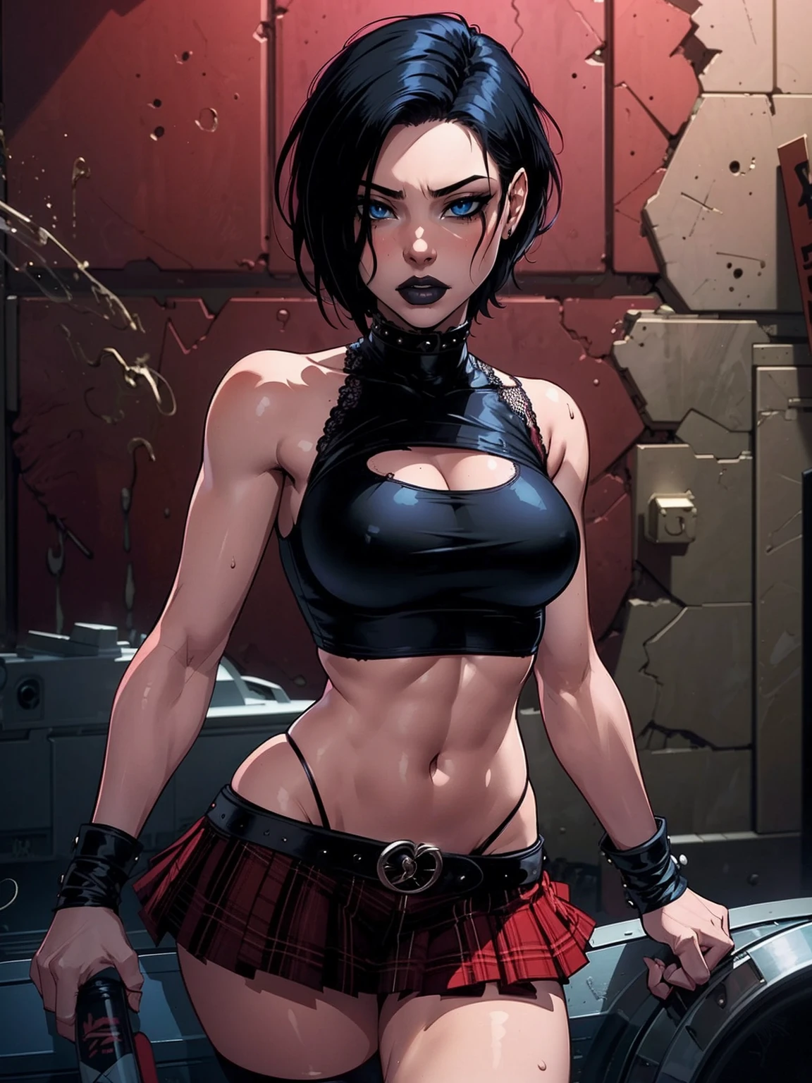 a woman with short black hair, hair on shoulders, wearing a black cropped and plaid skirt, blue eyes, zombie art, gothic art, cute aesthetic with vibe, toon aesthetic, wearing red costume, wearing gothic accessories, look like Cassie Hack, upper body, portrait, with your best friend Vlad, dark background