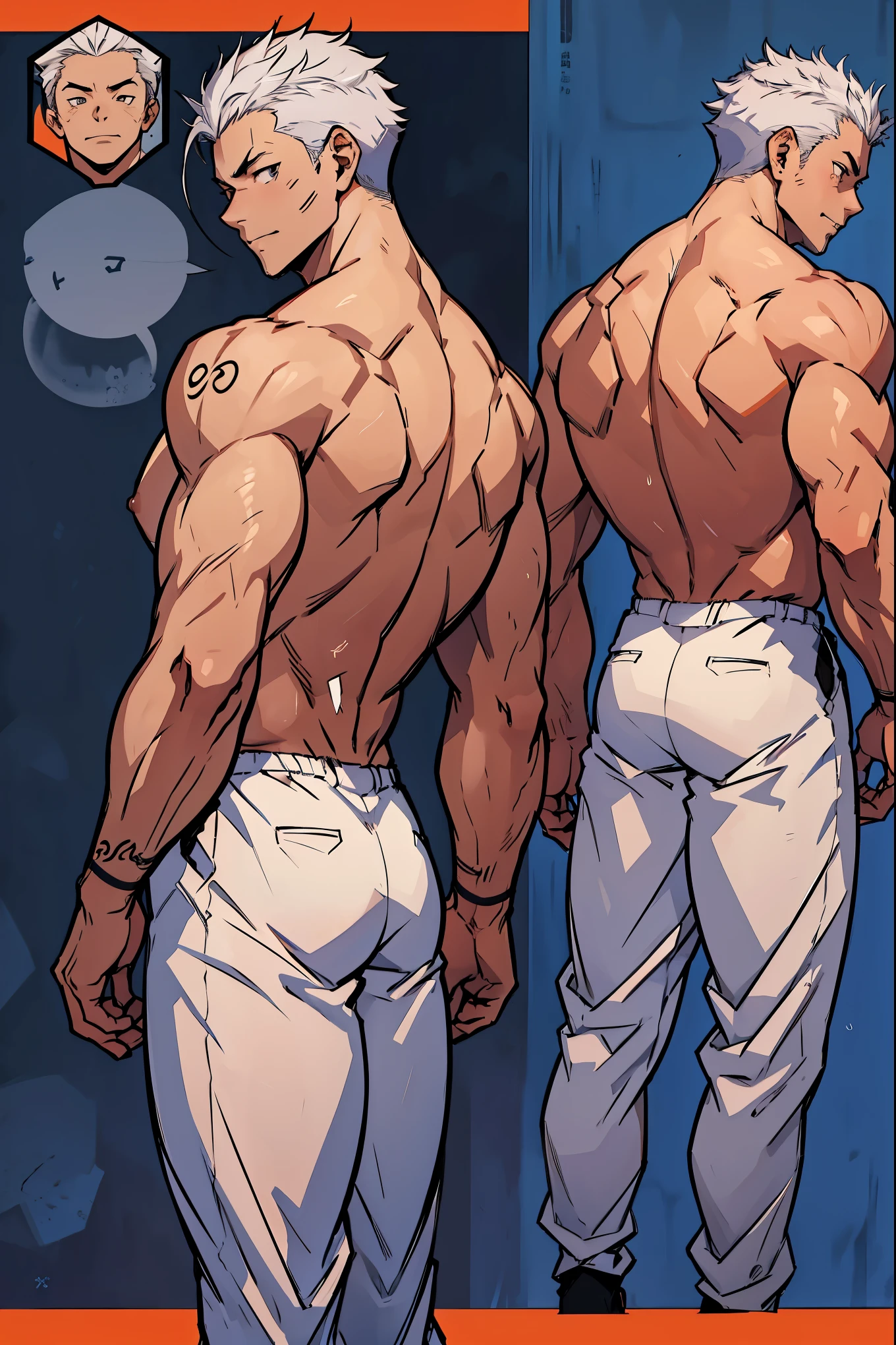 character sheet style, the character is an young man, Arataki Itto, Yuji Itadori hair, muscular, White hair, without any clothes, totally naked , character sheet, Front view of the body, back view of the body, detailed face, face view, many parts, depth 