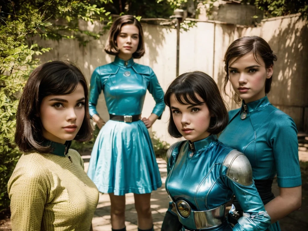 (Vaultgirls with retro robot). Raw photo,Best Quality, master piece,high resolution,detailed,(Photorealsitic:1.4),Well-defined contours,1950retrofuturism、1950s retro science fiction drama、wore a strange helmet、50&#39;s retro-futuristic fashion clothes fallout game vaultsuit,young woman、vaultgirls, perfect face、beautiful ,(50&#39;s retro-futuristic fashion clothesを着た(male))、sunlight,realistic shadow,realistic wilderness background,cinematic lighting, and 50&#39;s retro-futuristic robots、Robby the Robot、Buck Rogers、Flesh Gordon、BARBARELLA、Forbidden Planet、Lost in Space