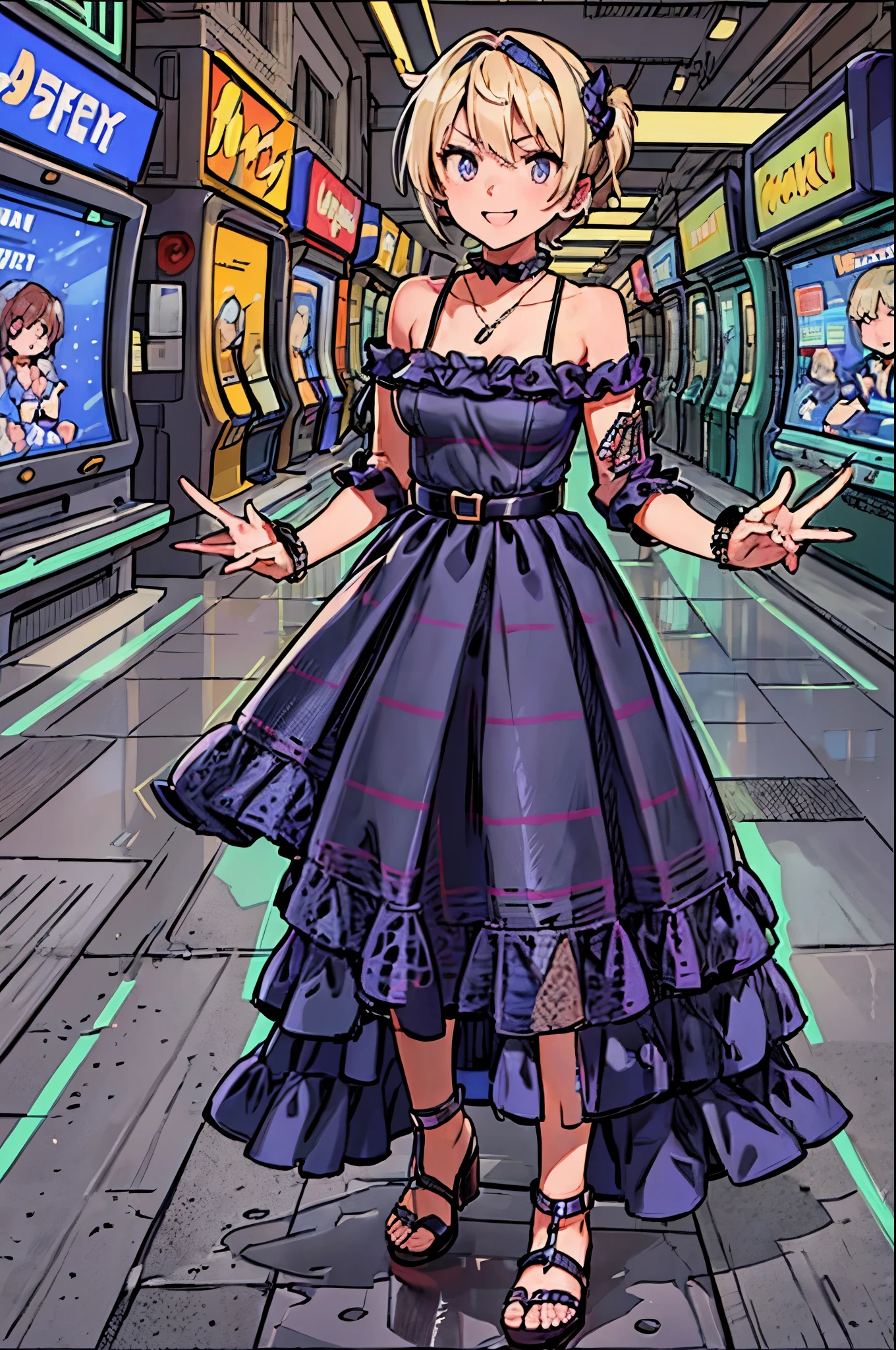 "best quality,ultra-detailed,((background:game-center1,8)),((game-arcade)),(one boy),(full body),portraits,((sissy boy,tomboy,FemBoy,trap)),bulge,(look side),(look side),(natural makeup),black choker,necklace,(short blonde hair),boy's face,((angly)),((smile+happy)),((maxi-length-dress)),(patterned dress),(high-heel-sandal),(he’s having shoulder bags),vibrant colors,soft lighting"