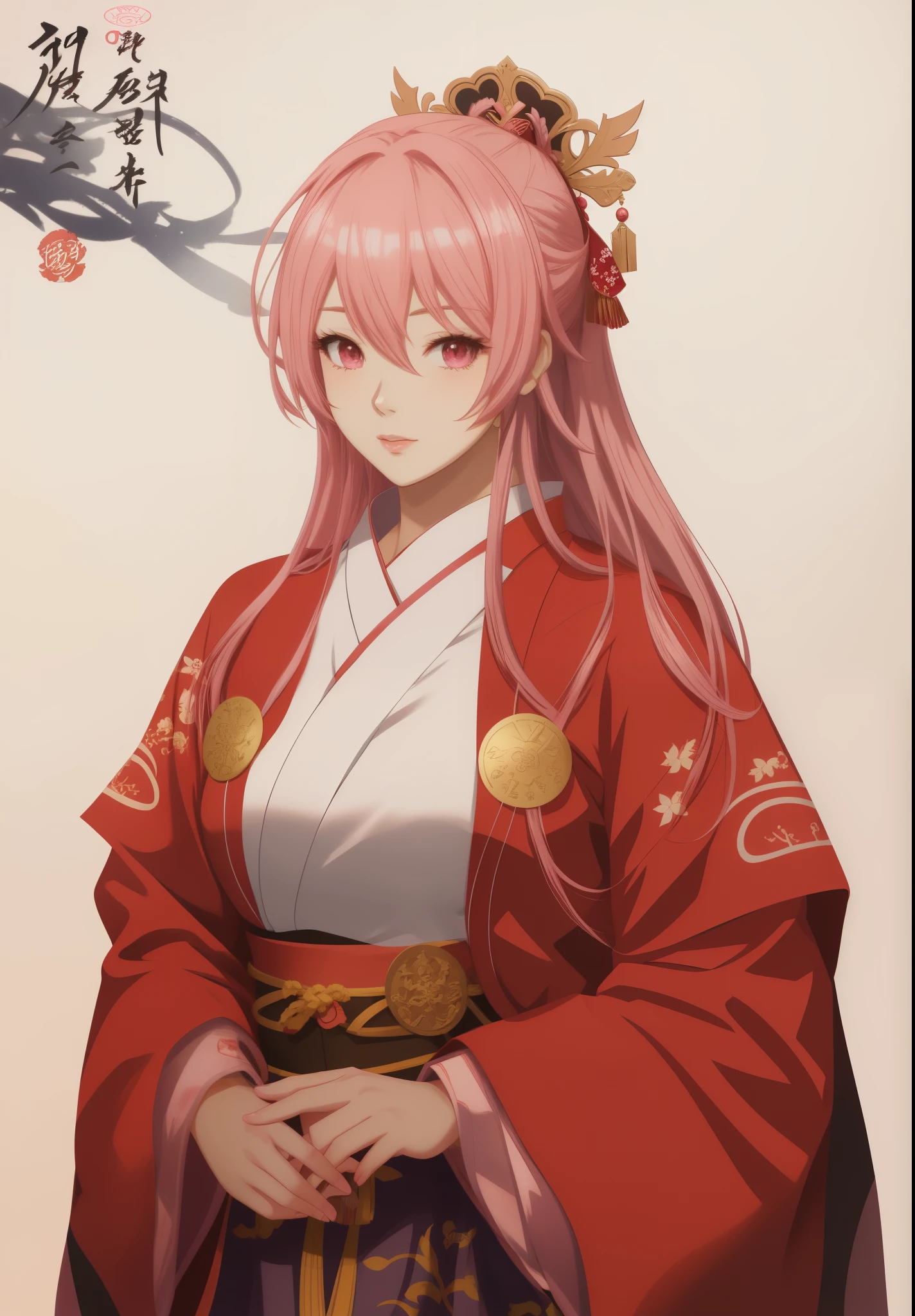 Anime girl with pink hair and red kimono, palace , girl wearing hanfu, 3D style 4k, Live action, Characters in anime style, anime illustration, anime style illustration, High quality anime art style, best anime 4k konachan wallpapers,((Wearing noble robes)), Anime visual of a cute girl,three kingdoms,dynasty warriors,pink hair,Pink eyelashes,pink eyes,three kingdoms风格,Game character illustrations,A more realistic Phoenix