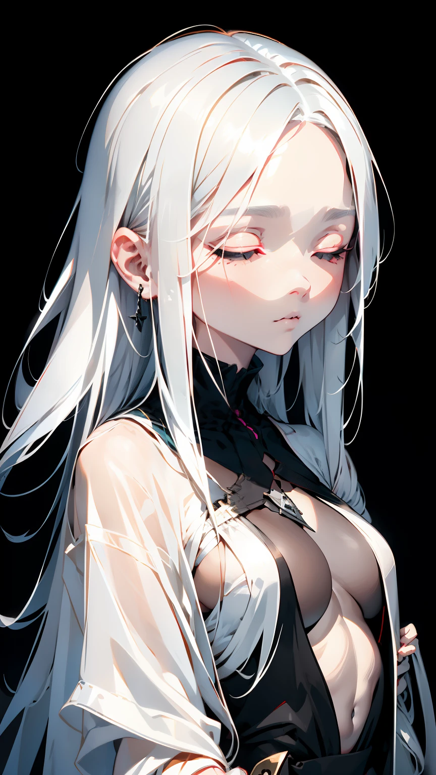 (((Faintly present woman in the dark)))、highest quality、table top、Portrait、perfect anatomy、(((albino:1.2)))、silver hair、(((solo)))、Beautiful woman、extraordinary beauty、、絹のようなsilver hair、hair length、((close your eyes:1.3))、((Wizard-style white robe))、frozen、Are standing、silence、cross your fingers in front of your chest、((black background:1.3)))