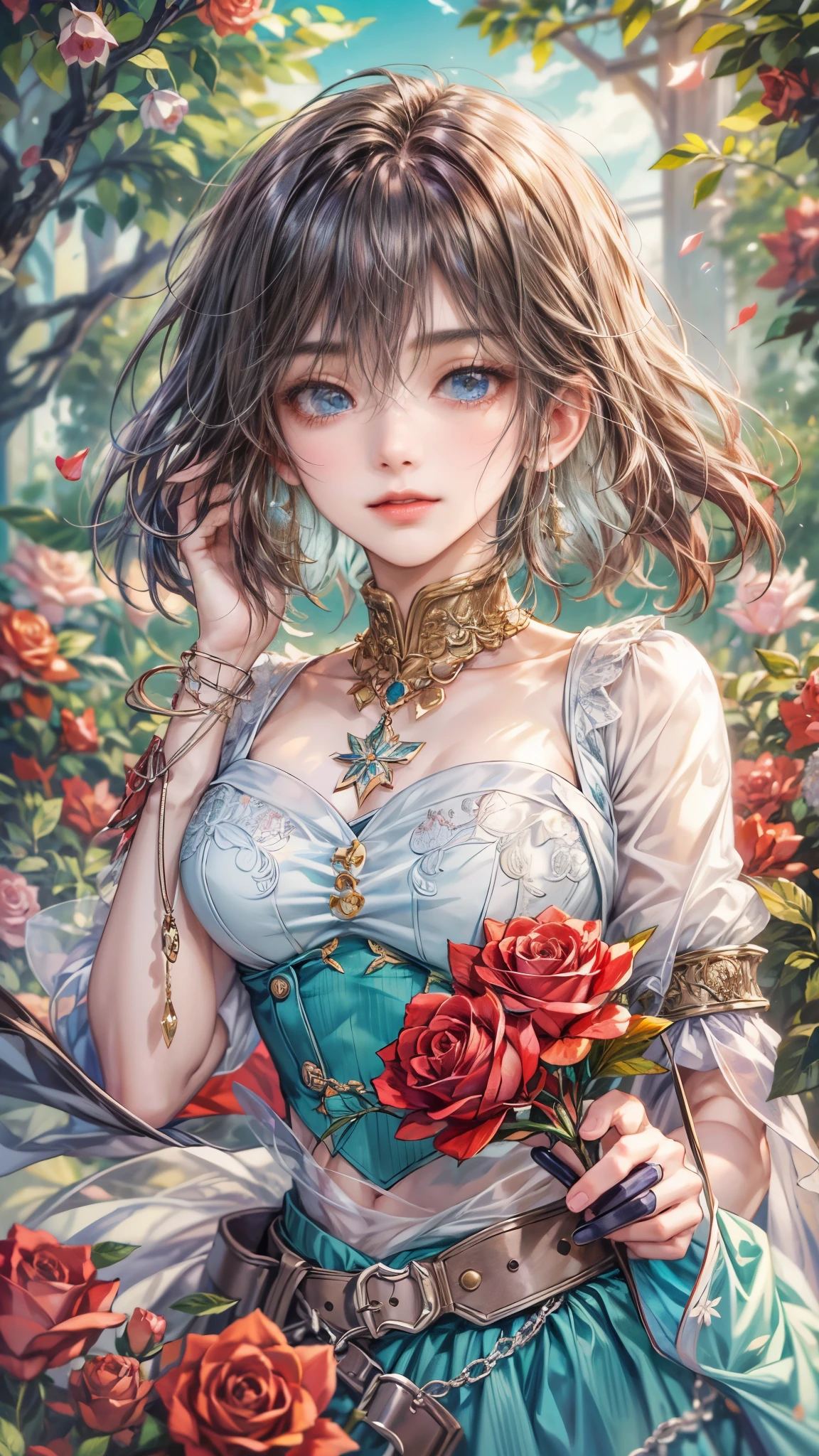 (absurdres, highres, ultra detailed, HDR), masterpiece, intricate details, best quality close-up picture of a character from suikoden, a character with handsome looks, korean face, original hair, short hair, anime blue eyes, smirking face, matured teen, tim Burton theme, horror theme outfit showing chest, crop top, detailed garden wedding setting background, colorful roses scenery, detailed character, art kenouji