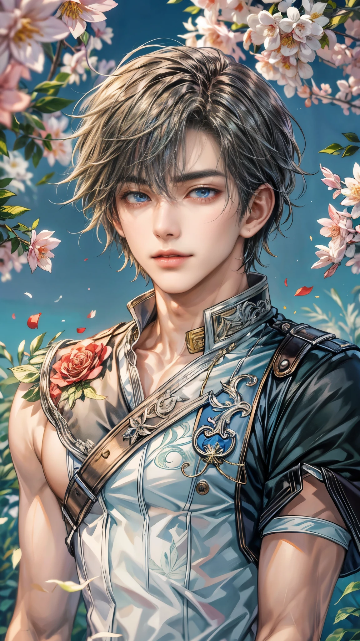 (absurdres, highres, ultra detailed, HDR), masterpiece, intricate details, best quality close-up picture of a character from suikoden, a character with handsome looks, korean face, original hair, short hair, anime blue eyes, smirking face, matured teen, tim Burton theme, horror theme outfit showing chest, crop top, detailed garden wedding setting background, colorful roses scenery, detailed character, art kenouji