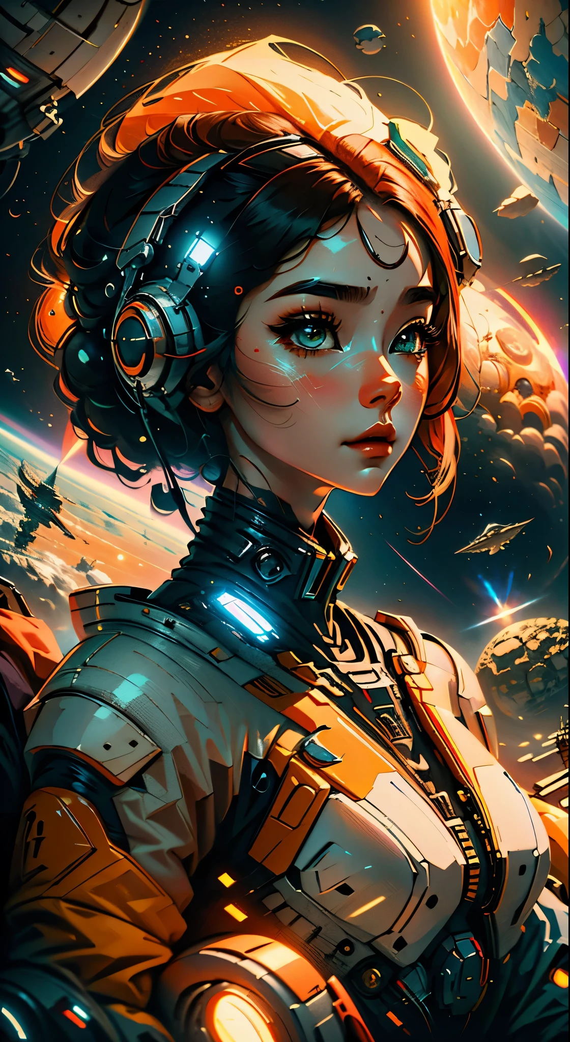 masterpiece, best quality, 1girl, space thriller movie poster, Bauhaus, shapes, lines, abstract, wearing Vision Pro goggles