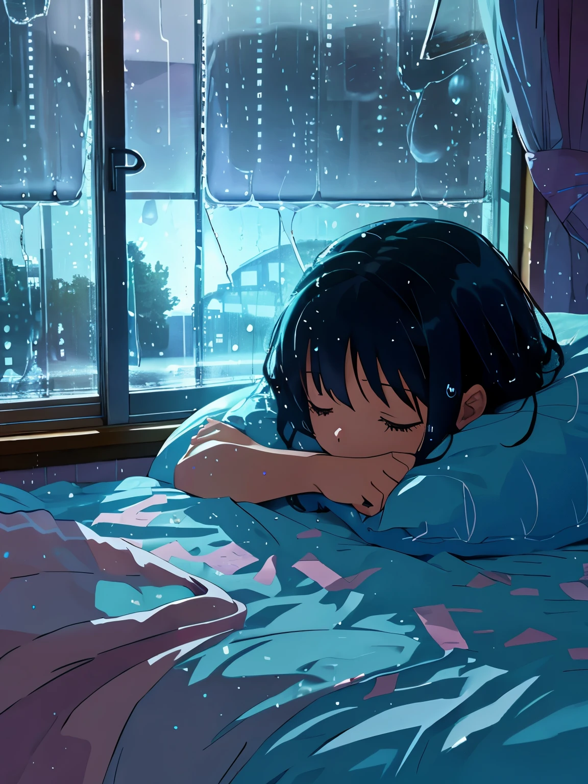 A sleeping person in a bedroom，Inside the bedroom，It&#39;s raining outside the window，It&#39;s raining heavily outside the window in the distance，cute，clear details，covered with quilt
