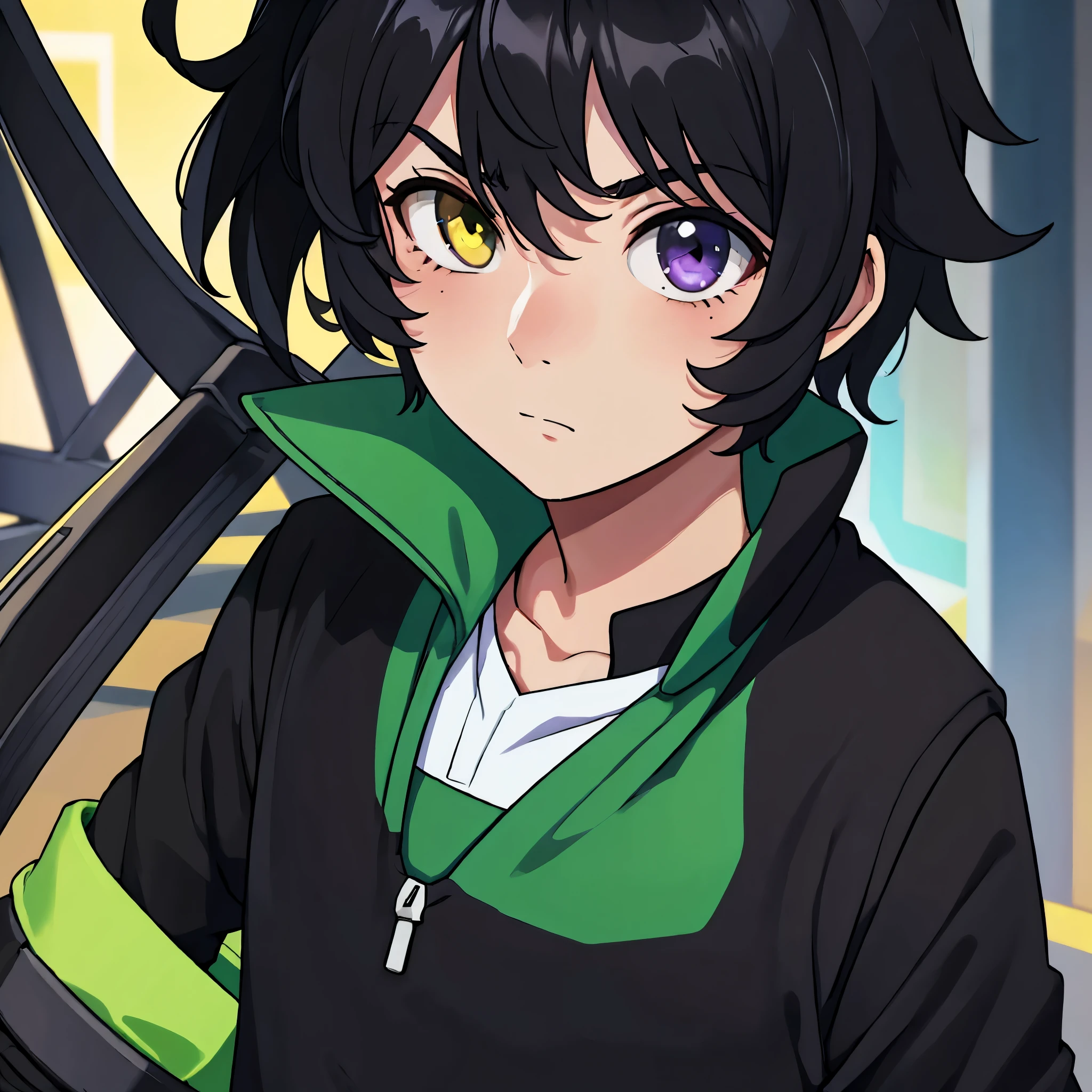 (1boy,masculino,(solo),black hair),soccer uniform , heterochromia , one eye green , one eye purple