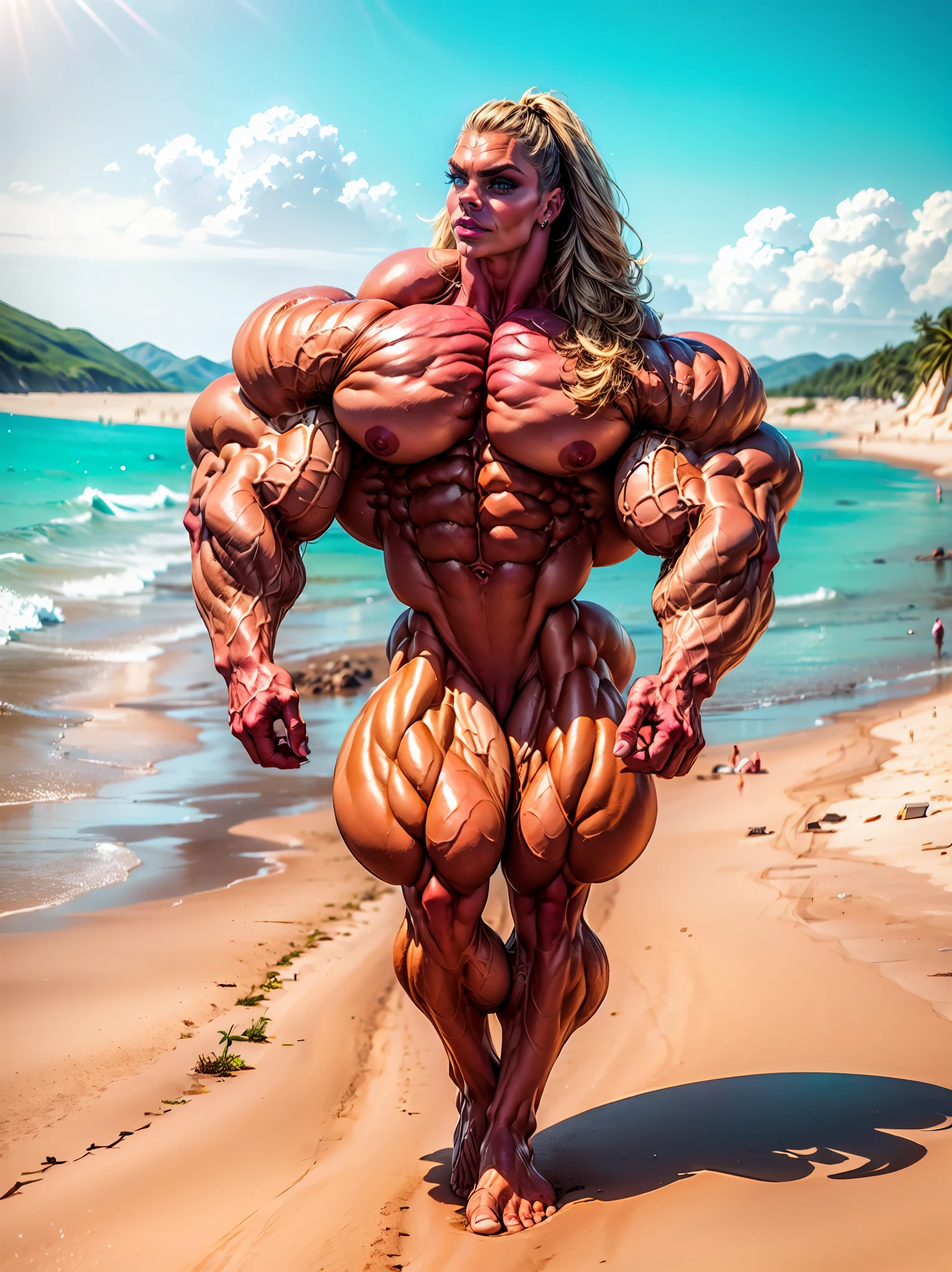 (1 girl), (cara delevingne), (muscular bodybuilder girl walking on the beach:1.25), (long hair), (extreme muscular definition), (naked), blank background