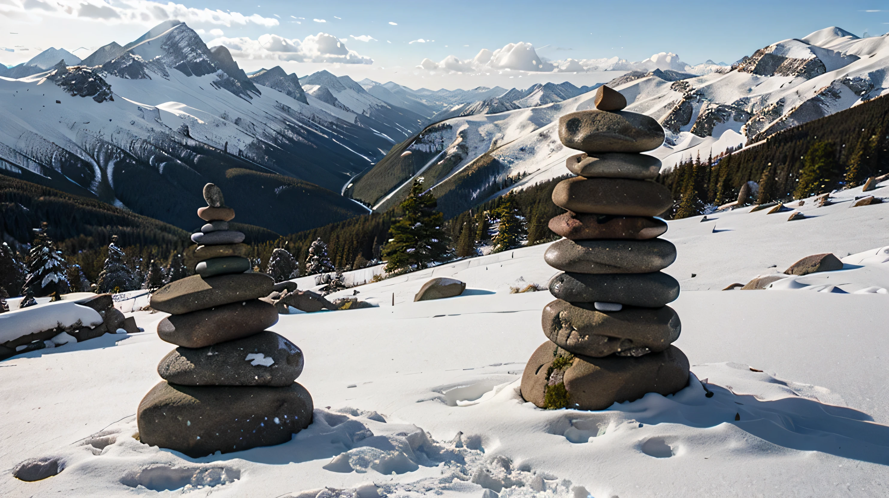 stone cairn on snowy mountain pass