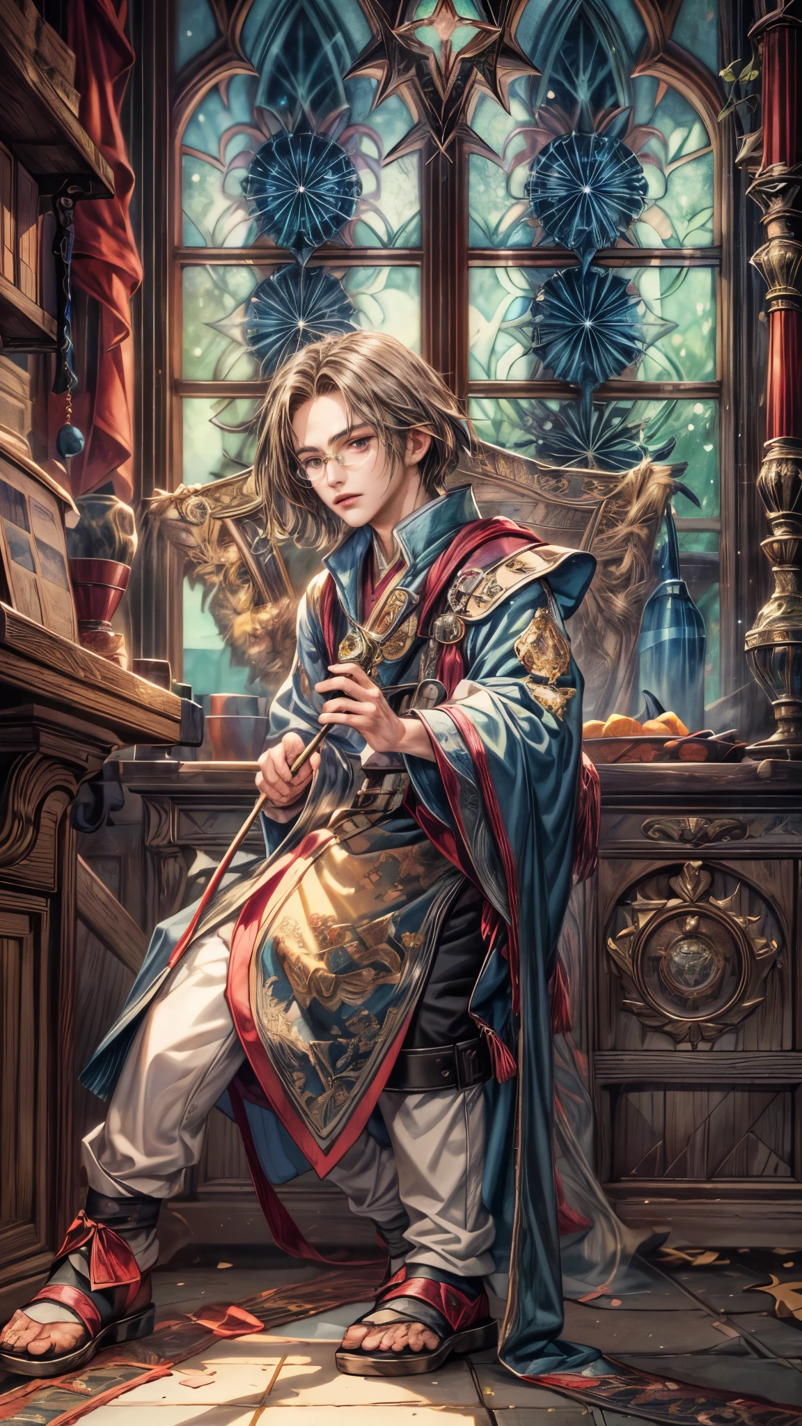 (absurdres, highres, ultra detailed, HDR), masterpiece, intricate, best quality, portrait of a handsome villain from Final Fantasy IX, peridot hair, short hair, korean face, anime eyes, mage outfit , wearing glasses, detailed interiors of an rpg wand shop, showing big moon in the windows , detailed character