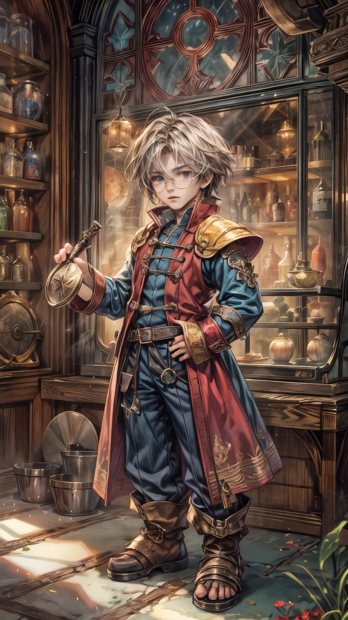 (absurdres, highres, ultra detailed, HDR), masterpiece, intricate, best quality, portrait of a handsome villain from Final Fantasy IX, peridot hair, short hair, korean face, anime eyes, mage outfit , wearing glasses, detailed interiors of an rpg wand shop, showing big moon in the windows , detailed character