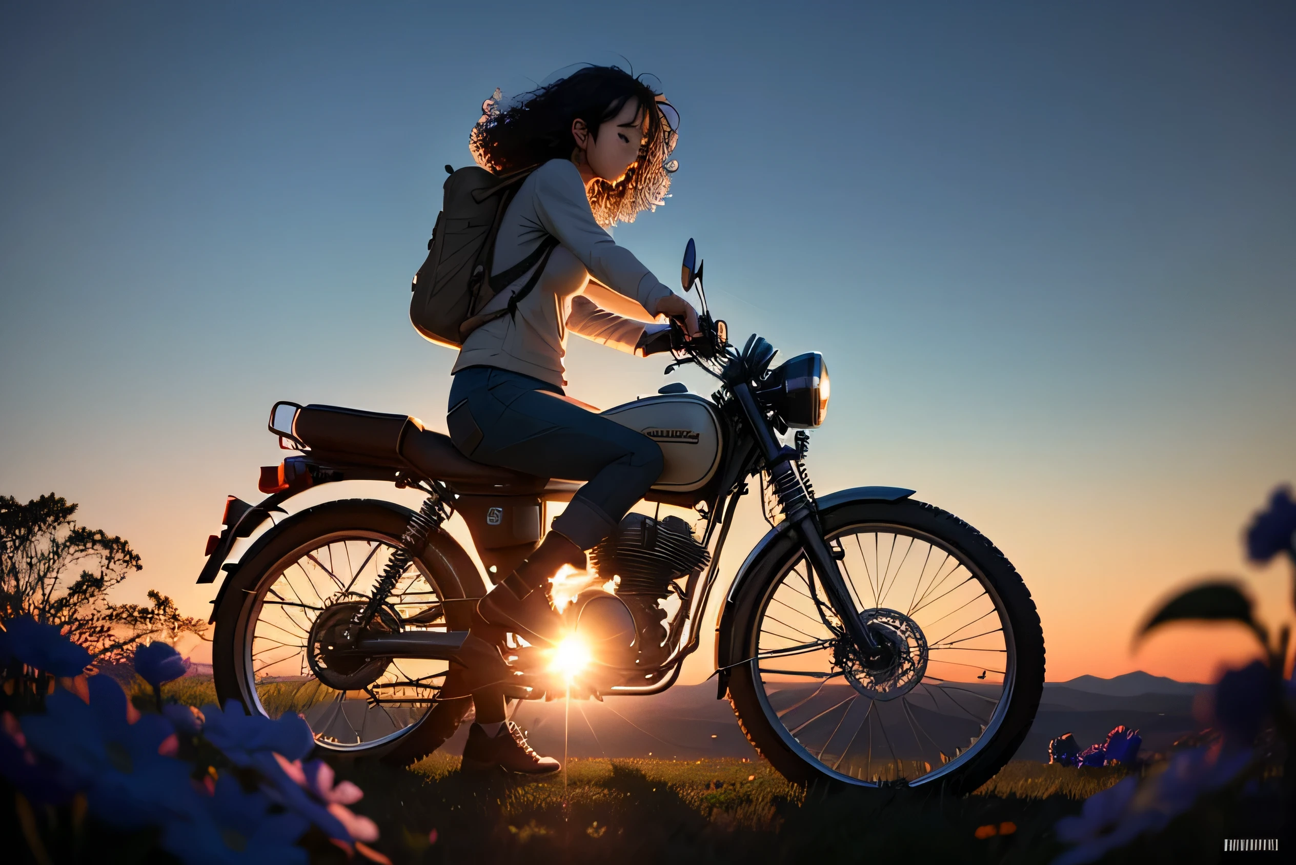 /Lofi girl riding a horse towards the camera on a vintage motorbike, riding a horse towards the camera, prospect, eyes glued to the camera, makoto shinkai style, art station trends, Hmm::1.Five central compositions at sunset on a country road with rustic charm:: warm lighting, long shadow, telescope lens:: hand, refer::-0.5 - AR16:9 - Rainbow - Beautiful scenery (full of tension, Full of dramatic images), (vast sky), (beautiful skyline), (wide grassland), (The North Star hangs high), (カラフルなNatural light), (long sleeve tops), (denim shorts),(girl, carrying a backpack),(black hair),(Slightly curly hair),(Rear view),(sun silhouette):(0.8), (moving visual effects),(large lawn area), (grass flowers), (NASA level star), (Fresh, Natural light), (new moon), (beautiful sunrise), (dynamic photographer&#39;S angle): (Scenery details) ,(colorful landscape),(Clear and sharp depth of field),(deep blue sky): (0.5)