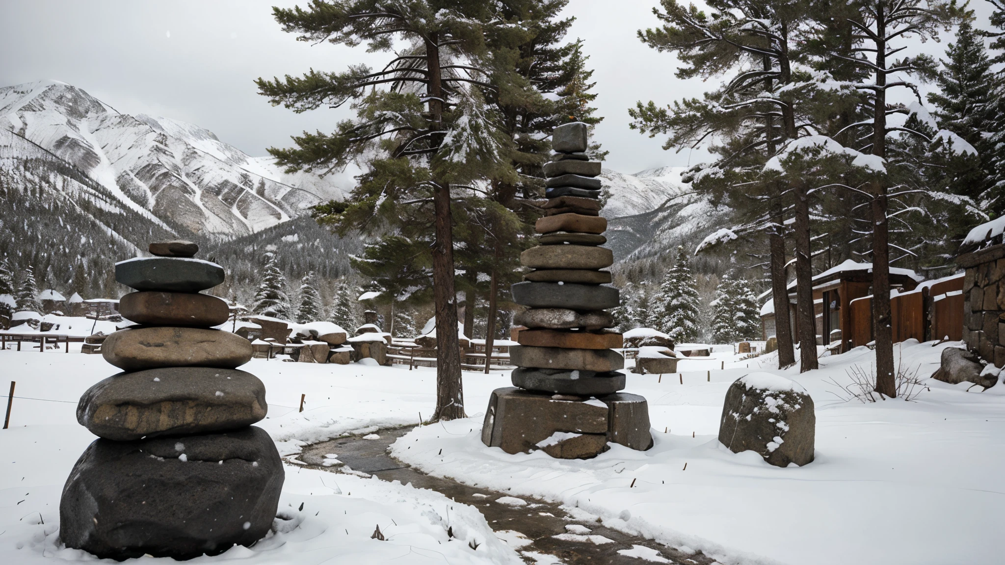 stone cairn on snowy mountain pass, snowstorm