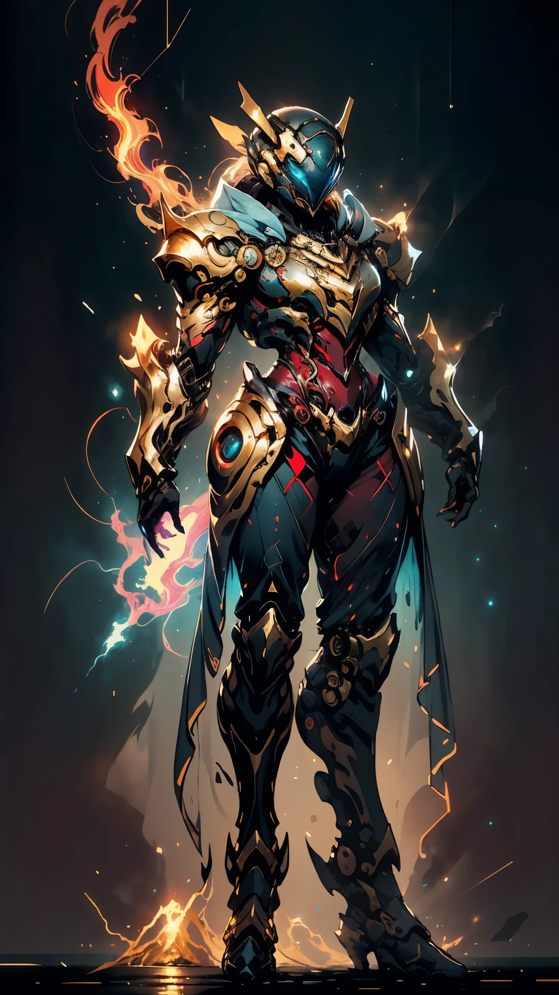 A woman adorned in fantasy-style full-body armor, a crown-concept fully enclosed helmet that unveils only her eyes, a composite layered chest plate, fully encompassing shoulder and hand guards, a lightweight waist armor, form-fitting shin guards, the overall design is heavy-duty yet flexible, ((the armor gleams with a golden glow, complemented by red and blue accents)), exhibiting a noble aura, she floats above a fantasy-surreal high-tech city, this character embodies a finely crafted fantasy-surreal style armored hero in anime style, exquisite and mature manga art style, (mixture of Queen bee and Spider concept Armor, plasma, blood), ((Element, energy, elegant, goddess, femminine:1.5)), metallic, high definition, best quality, highres, ultra-detailed, ultra-fine painting, extremely delicate, professional, anatomically correct, symmetrical face, extremely detailed eyes and face, high quality eyes, creativity, RAW photo, UHD, 32k, Natural light, cinematic lighting, masterpiece-anatomy-perfect, masterpiece:1.5
