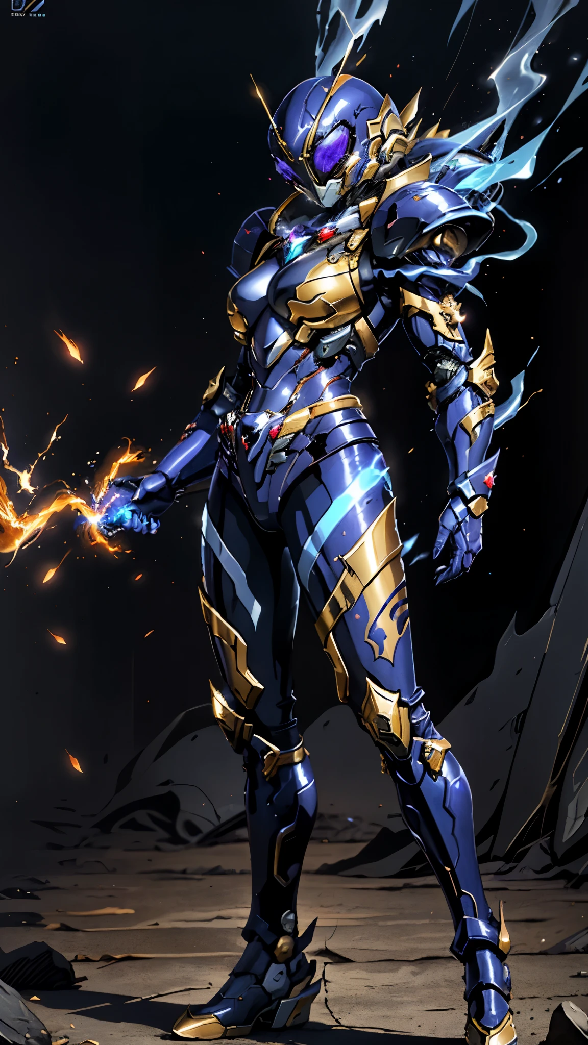 A woman adorned in fantasy-style full-body armor, a crown-concept fully enclosed helmet that unveils only her eyes, a composite layered chest plate, fully encompassing shoulder and hand guards, a lightweight waist armor, form-fitting shin guards, the overall design is heavy-duty yet flexible, ((the armor gleams with a golden glow, complemented by red and blue accents)), exhibiting a noble aura, she floats above a fantasy-surreal high-tech city, this character embodies a finely crafted fantasy-surreal style armored hero in anime style, exquisite and mature manga art style, (mixture of Queen bee and Spider concept Armor, plasma, blood), ((Element, energy, elegant, goddess, femminine:1.5)), metallic, high definition, best quality, highres, ultra-detailed, ultra-fine painting, extremely delicate, professional, anatomically correct, symmetrical face, extremely detailed eyes and face, high quality eyes, creativity, RAW photo, UHD, 32k, Natural light, cinematic lighting, masterpiece-anatomy-perfect, masterpiece:1.5