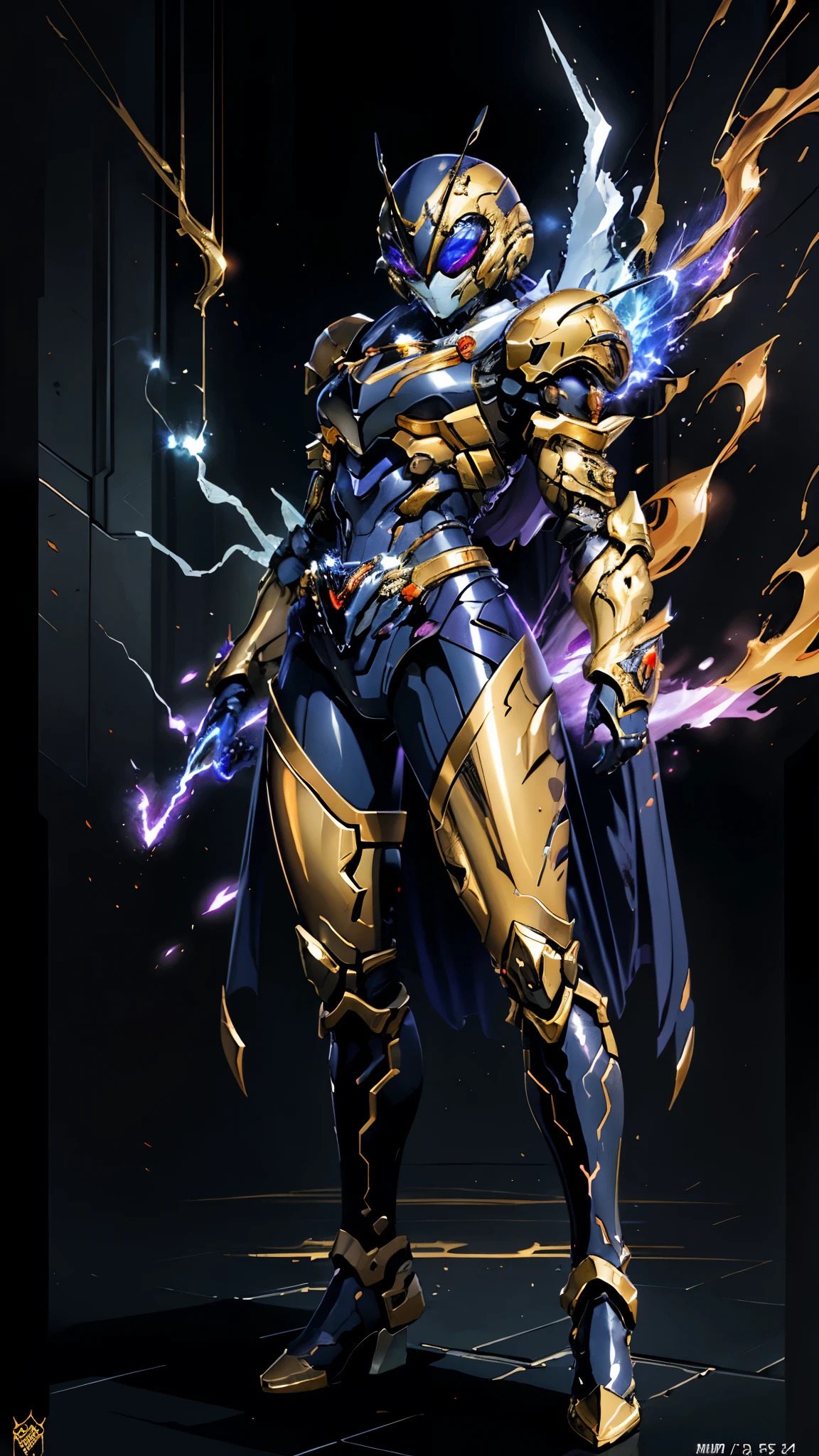 A woman adorned in fantasy-style full-body armor, a crown-concept fully enclosed helmet that unveils only her eyes, a composite layered chest plate, fully encompassing shoulder and hand guards, a lightweight waist armor, form-fitting shin guards, the overall design is heavy-duty yet flexible, ((the armor gleams with a golden glow, complemented by red and blue accents)), exhibiting a noble aura, she floats above a fantasy-surreal high-tech city, this character embodies a finely crafted fantasy-surreal style armored hero in anime style, exquisite and mature manga art style, (mixture of Queen bee and Spider concept Armor, plasma, blood), ((Element, energy, elegant, goddess, femminine:1.5)), metallic, high definition, best quality, highres, ultra-detailed, ultra-fine painting, extremely delicate, professional, anatomically correct, symmetrical face, extremely detailed eyes and face, high quality eyes, creativity, RAW photo, UHD, 32k, Natural light, cinematic lighting, masterpiece-anatomy-perfect, masterpiece:1.5