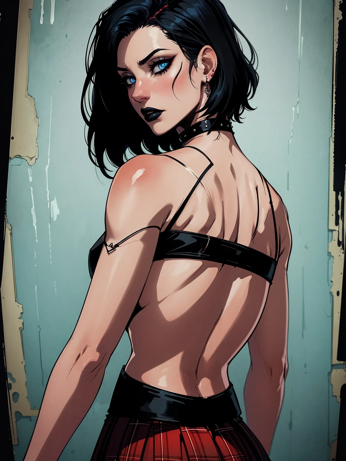 a woman with short black hair, hair on shoulders, wearing a black cropped and plaid skirt, blue eyes, zombie art, gothic art, cute aesthetic with vibe, toon aesthetic, wearing red costume, wearing gothic accessories, look like Cassie Hack, upper body, portrait, backwards, looking back, dark background