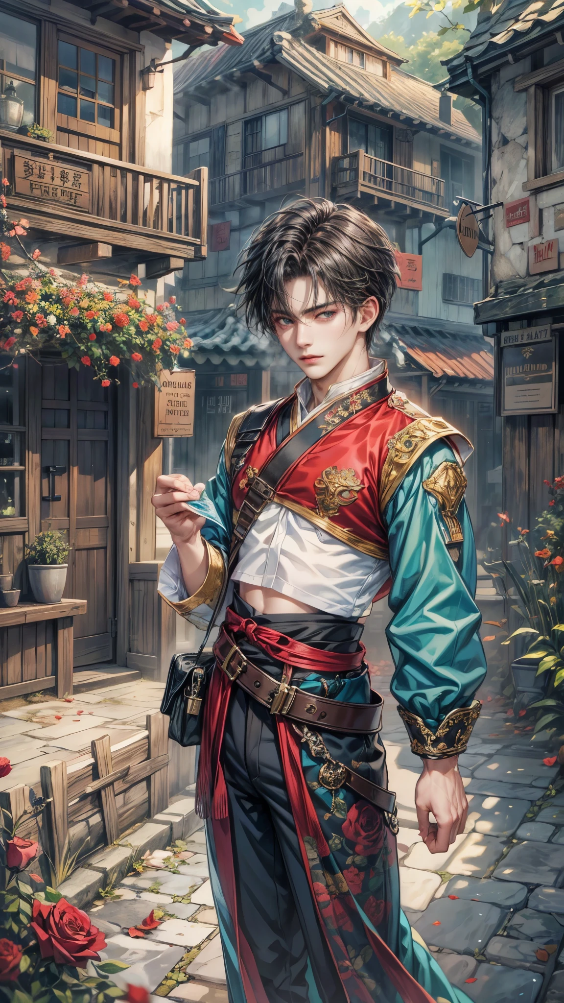 (absurdres, highres, ultra detailed, HDR), masterpiece, intricate details, best quality close-up picture of a character from suikoden, a character with handsome looks, korean face, original hair, short hair, anime blue eyes, smirking face, matured , tim Burton theme, horror theme outfit showing chest, crop top, detailed horror town setting background, colorful roses scenery, detailed character, art kenouji