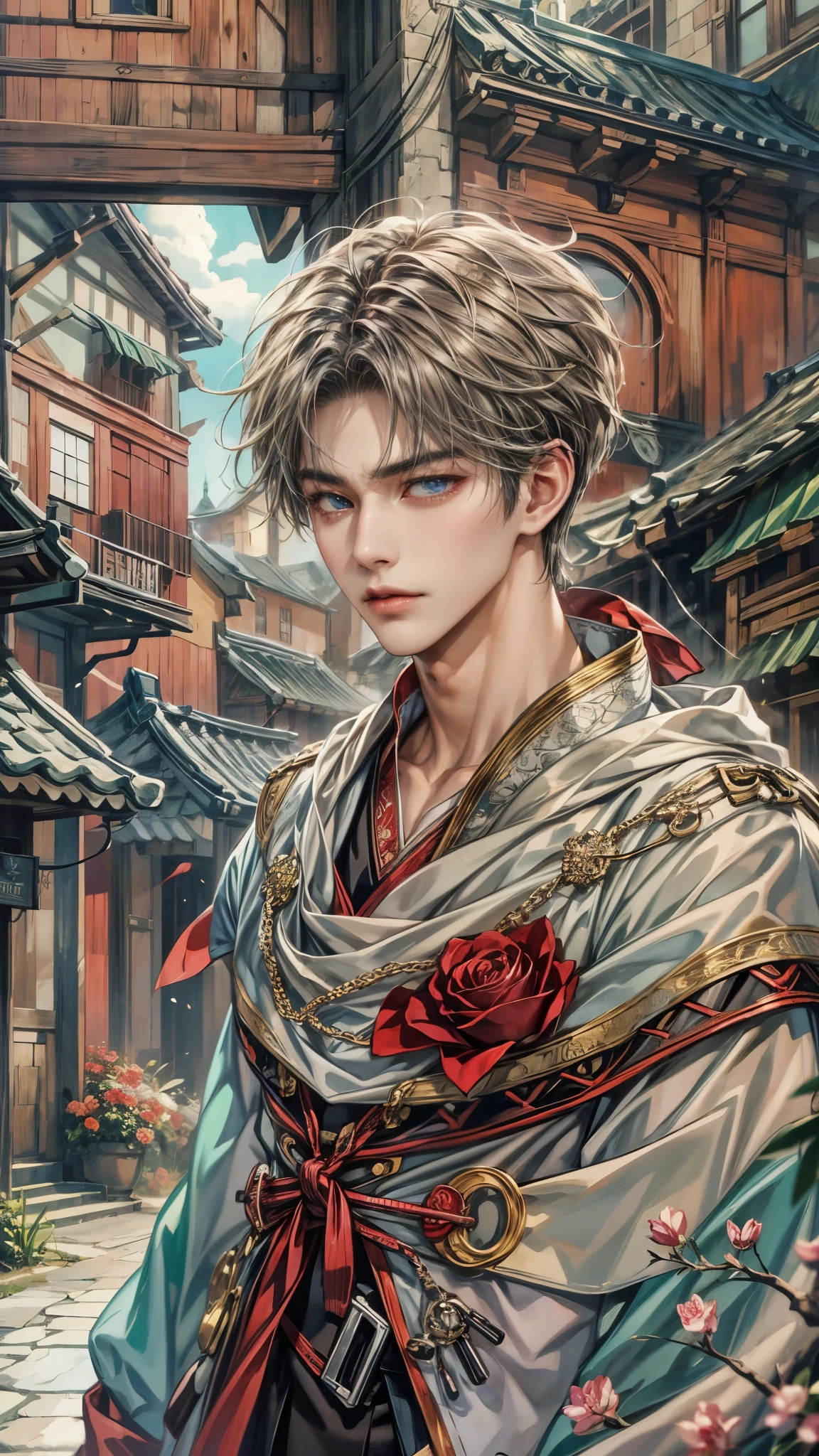 (absurdres, highres, ultra detailed, HDR), masterpiece, intricate details, best quality close-up picture of a character from suikoden, a character with handsome looks, korean face, original hair, short hair, anime blue eyes, smirking face, matured , tim Burton theme, horror theme outfit showing chest, crop top, detailed horror town setting background, colorful roses scenery, detailed character, art kenouji