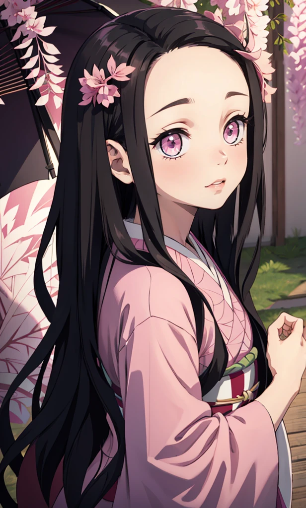 masterpiece, (pink kimono), seductive face, good lighting, low-cut, small details, masterpiece, glowing eyes, 1girl, black hair, on face, Nezuko Kamado, wisteria background, masterpiece, best quality, POV, different poses, backwards, looking back