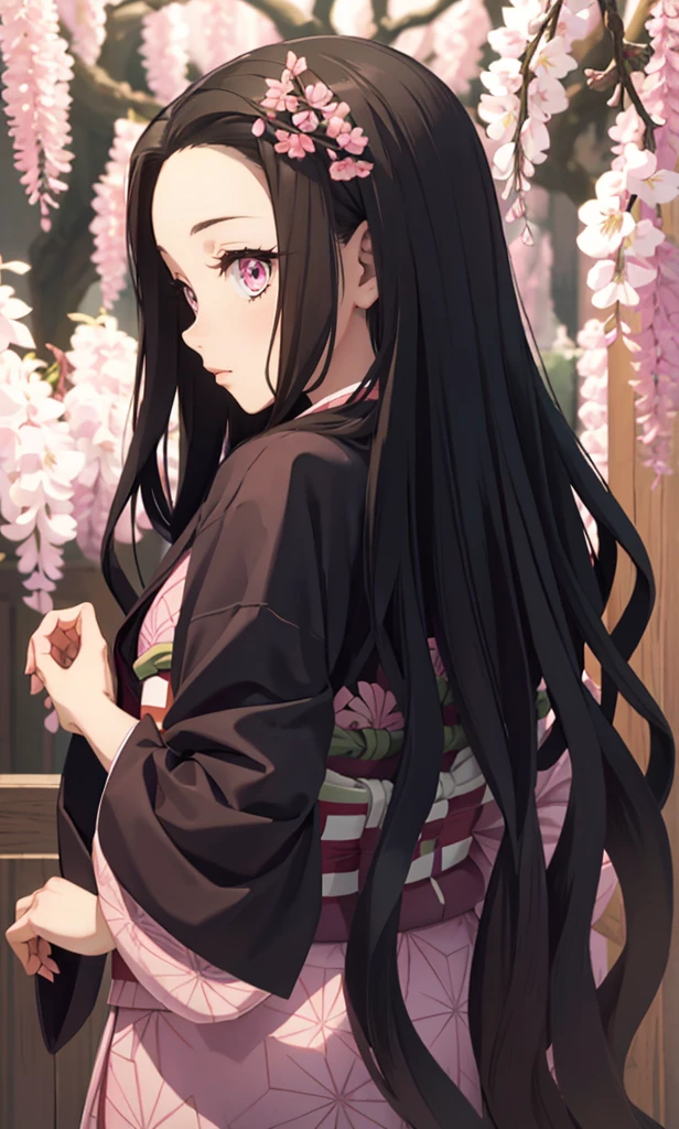 masterpiece, (pink kimono), seductive face, good lighting, low-cut, small details, masterpiece, glowing eyes, 1girl, black hair, on face, Nezuko Kamado, wisteria background, masterpiece, best quality, POV, different poses, backwards, looking back