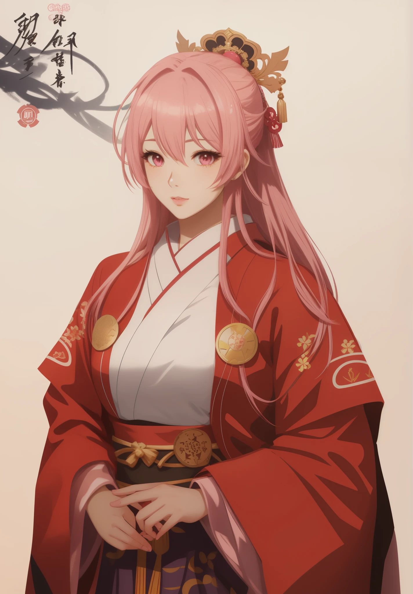 Anime girl with pink hair and red kimono, palace , girl wearing hanfu, 3D style 4k, Live recording, Characters in anime style, anime illustration, anime style illustration, High quality anime art style, best anime 4k konachan wallpapers,((Wearing noble robes)), Anime visual of a cute girl,three kingdoms,dynasty warriors,pink hair,Pink eyelashes,pink eyes,Game character illustrations,more realistic style,Live recording style