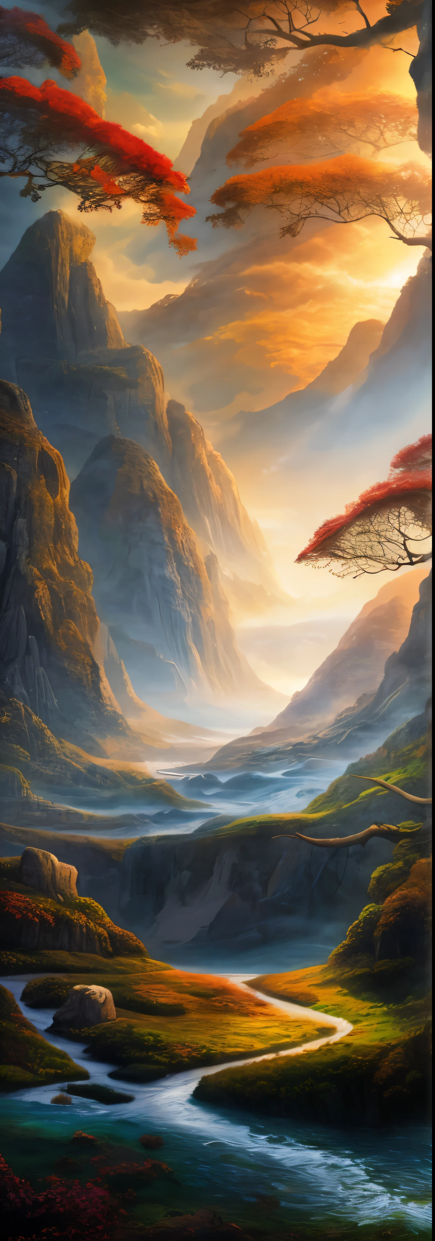 pintura de uma cena de montanha com um caminho pela floresta, made of fantasy tree and valley, paisagem de avatar, impressionante paisagem de fantasia, beautiful representation of a landscape, Arte Fantasia Paisagem, Arte digital altamente detalhada em 4k, epic dreamlike fantasy landscape, Pintura digital nebulosa em 4K HD, Arte deslumbrante em 8k, papel de parede de arte conceitual 4K, epic fantasy landscape, linda pintura fosca