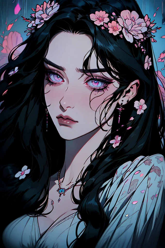 hyper-realistic  of a mysterious woman with flowing black hair, piercing opal eyes, and a delicate floral crown, , upper body
