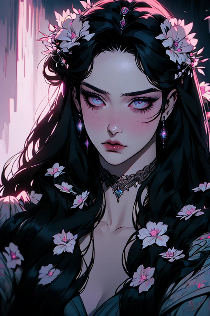 hyper-realistic  of a mysterious woman with flowing black hair, piercing opal eyes, and a delicate floral crown, , upper body