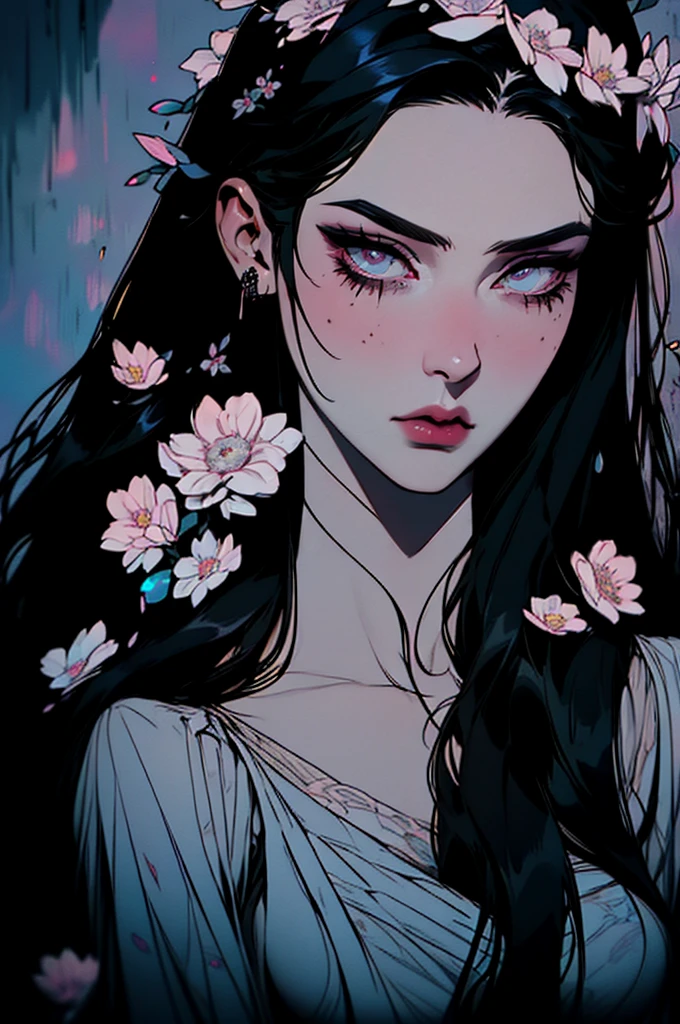 hyper-realistic of a mysterious woman with flowing black hair, piercing opal eyes, and a delicate floral crown, , upper body