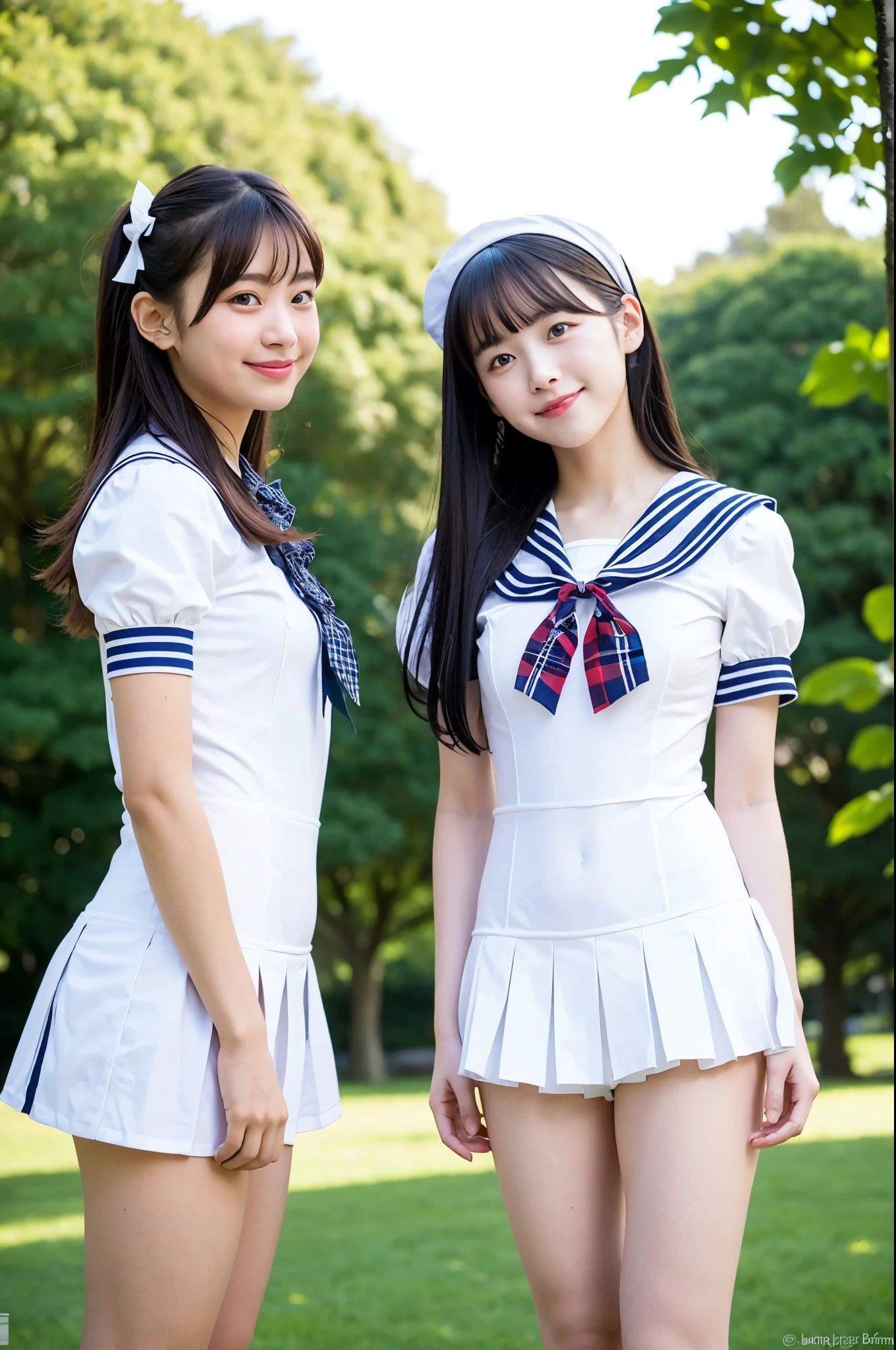 2 girls standing in park,short-sleeved white sailor leotard with plaid frill,red bow tie,18-year-old,bangs,a little smile,thighs,knees,straight hair with barrette,from below,front-light