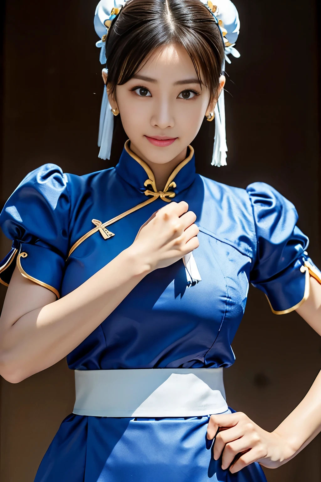 Chun-Li from Street Fight II,perfect chun li costume,Blue cheongsam with gold lines,Bun head,bun cover,fighting pose,masterpiece、1 beautiful girl、fine eyes、puffy eyes、highest quality, 超High resolution, (reality: 1.4), movie lighting、Japanese、asian beauty、Korean、super beautiful、beautiful skin、body facing forward、close up of face、(超reality的な)、(High resolution)、(8k)、(very detailed)、(美しくfine eyes)、(Super detailed)、 (wall-)、detailed face、bright lighting、professional lighting、looking at the viewer、look straight ahead、slanted bangs、Nogizaka Idol、korean idol、masterpiece, highest quality, masterpiece, highest quality, perfect face, perfect brown eyes with white sclera, bad move-5, alone, 1 girl, Upper body, brown hair, From SF2, Chinese service, smile, muscular woman, blue clothes, pantyhose, pelvic curtain, Puffy short sleeves, Good cover, sash, evaluation:safety