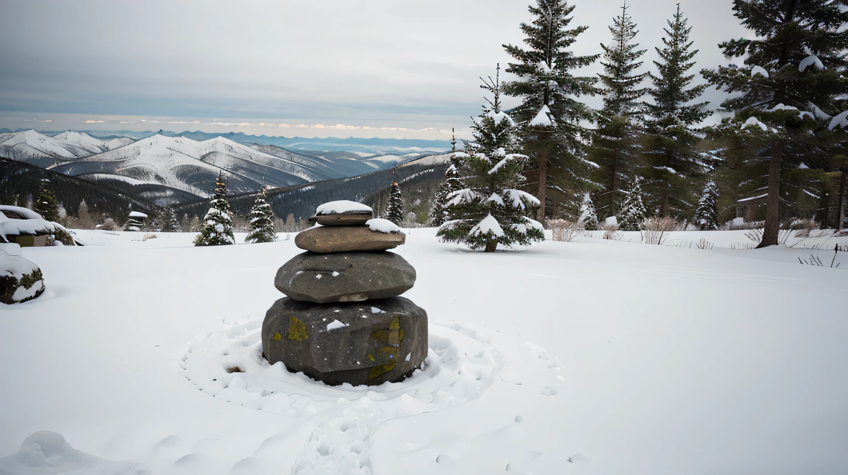 stone cairn on snowy mountain top, snowstorm