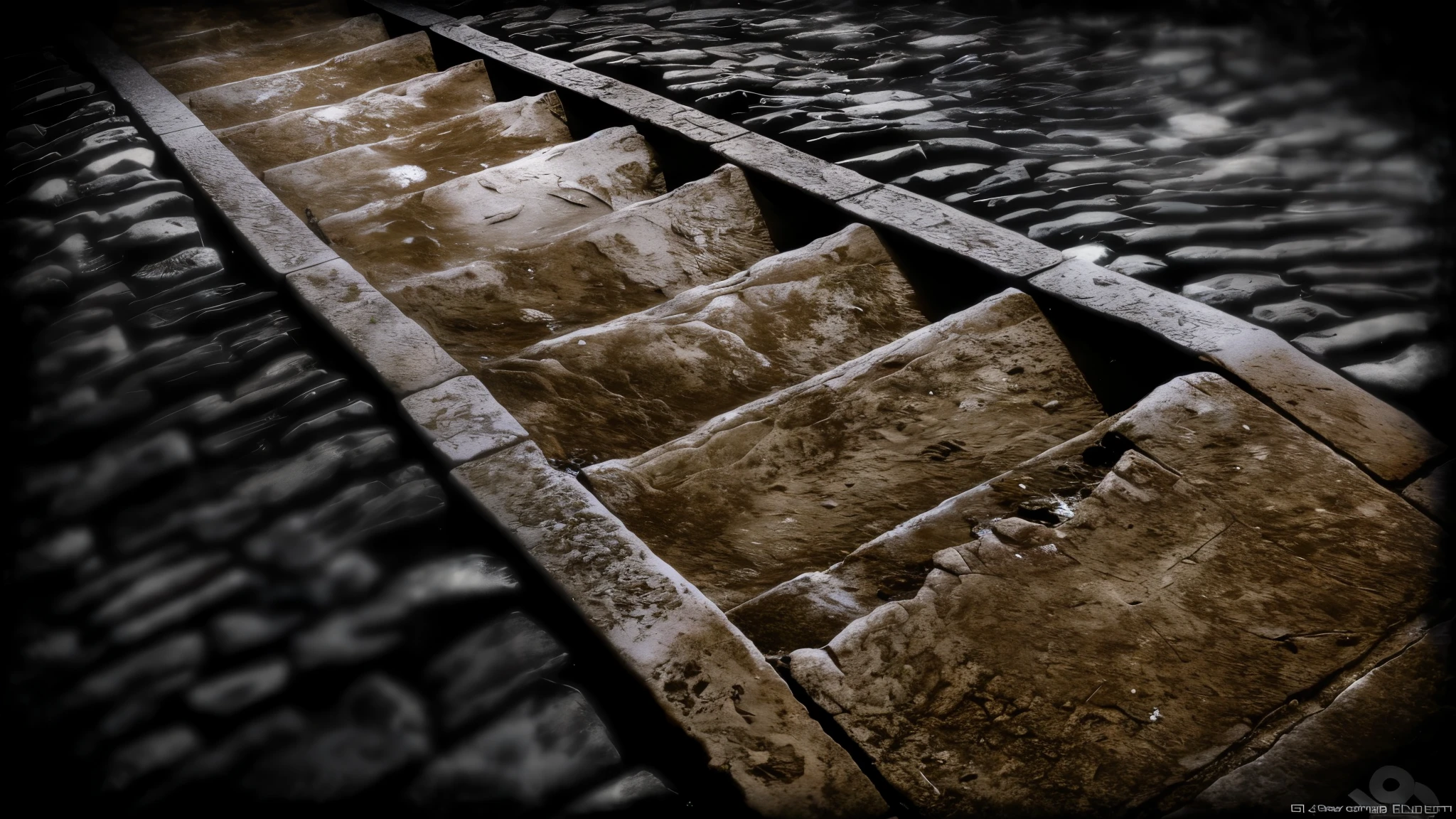there is a boat that is sitting on the water with a ladder, old stone steps, stone steps, steps, storm drain, steps leading down, small steps leading down, sewer, texturized, looking downwards, dark and gritty, 400 steps, cobblestones, hdr detail, abstract detail, trough the night, stone stairway, deep contrast
