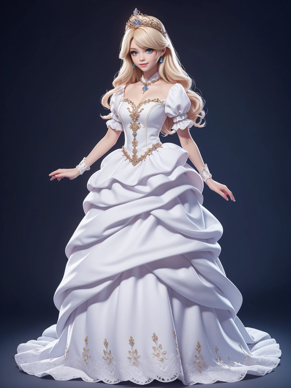 (((full body photo))) (Best quality at best,4K,8K,A high resolution,tmasterpiece:1.2),ultra - detailed,Cute Art，adorable digital art，blond hair blue eyes,The eyes are bright,White princess dress，puff sleeves，Stood up