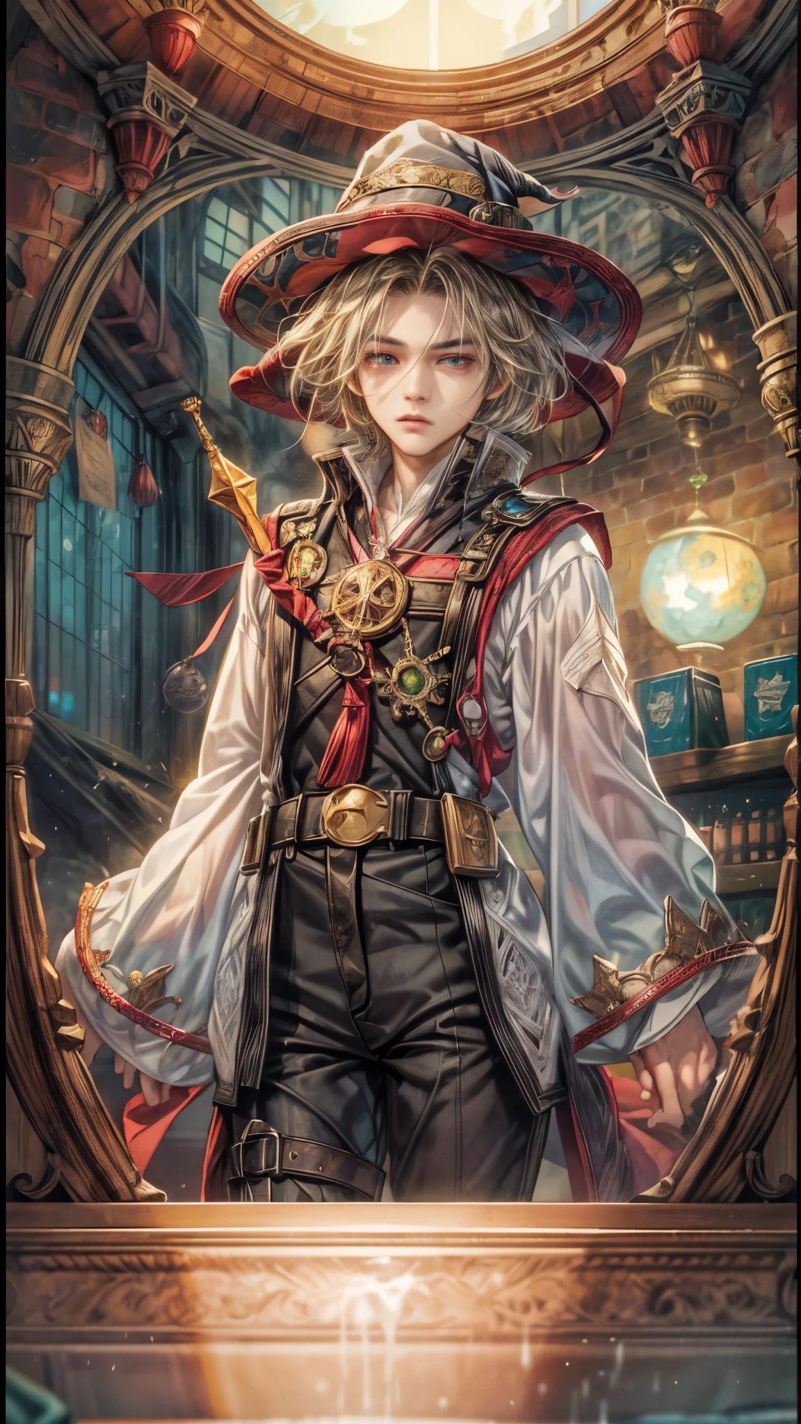 (absurdres, highres, ultra detailed, HDR), masterpiece, intricate, best quality, portrait of a handsome villain from Final Fantasy IX, peridot hair, short hair, korean face, anime eyes, mage outfit , wearing hat, detailed interiors of an rpg wand shop, showing big moon in the windows , detailed character