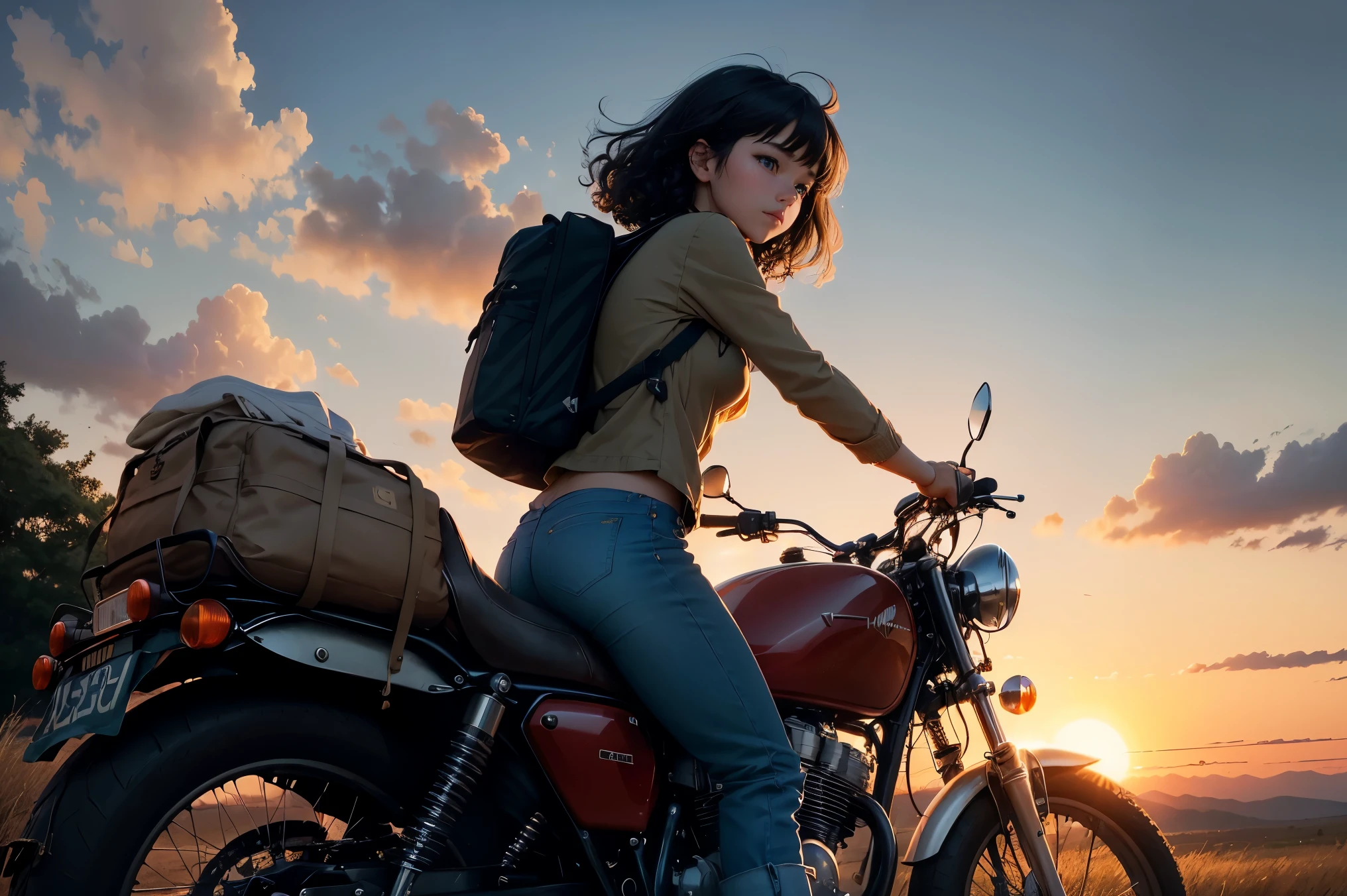 /Lofi girl riding towards the camera on a vintage motorbike, riding towards the camera, prospect, eyes fixed on camera, makoto shinkai style, Trending at Art Station, Hmm::1.Five central compositions at sunset on a country road with rustic charm:: warm lighting, long shadow, telescope lens:: hand, refer to::-0.5 - AR 16:9 - Rainbow - Scenic scenery (full of tension, Full of dramatic images), (vast sky), (beautiful skyline), (wide grassland), (North Star hanging high), (カラフルなNatural light), (long sleeve tops), (denim shorts),(girl, carrying a backpack),(black hair),(Slightly curly hair),(Rear view),(sun silhouette):(0.8), (moving visual effects),(large area of lawn), (Grass flowers), (NASA level star), (Fresh, Natural light), (new moon), (beautiful sunrise), (dynamic photographer'S angle): (Scenery details) ,(Colorful landscapes),(Clear and sharp depth of field),(deep blue sky): (0.5)