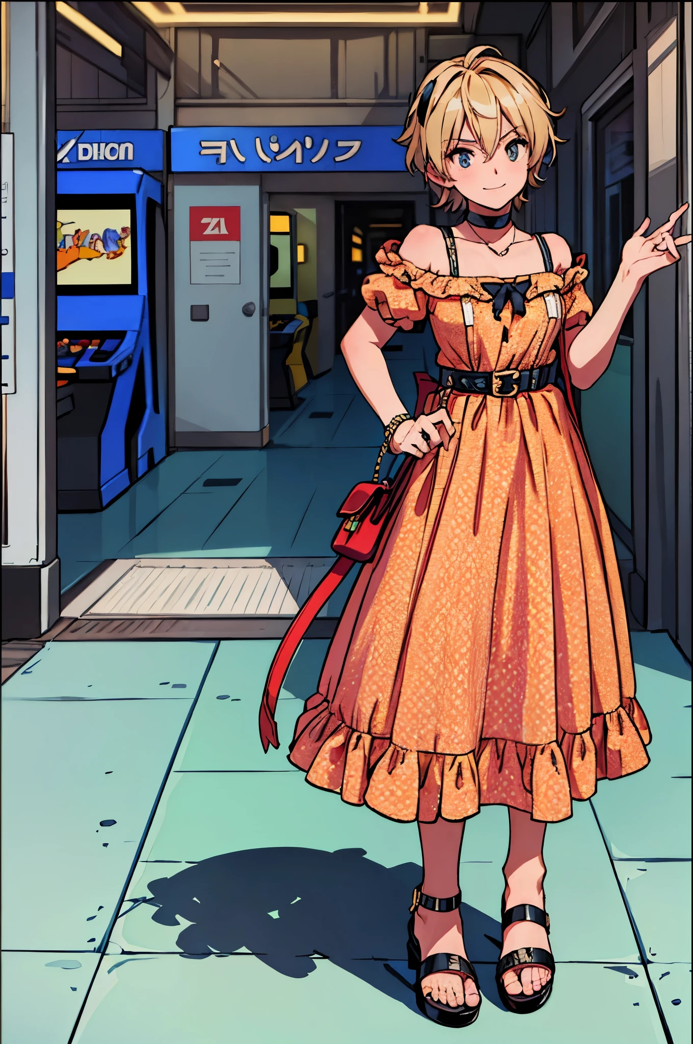 "best quality,ultra-detailed,((background:game-center1,8)),((game-arcade)),((playing the arcade game)),(one boy),(full body),portraits,((sissy boy,tomboy,FemBoy,trap)),bulge,(look side),(look side),(natural makeup),black choker,necklace,(short blonde hair),boy's face,((angly)),((smile+happy)),((maxi-length-dress)),(patterned dress),(high-heel-sandal),(he’s having shoulder bags),vibrant colors,soft lighting"