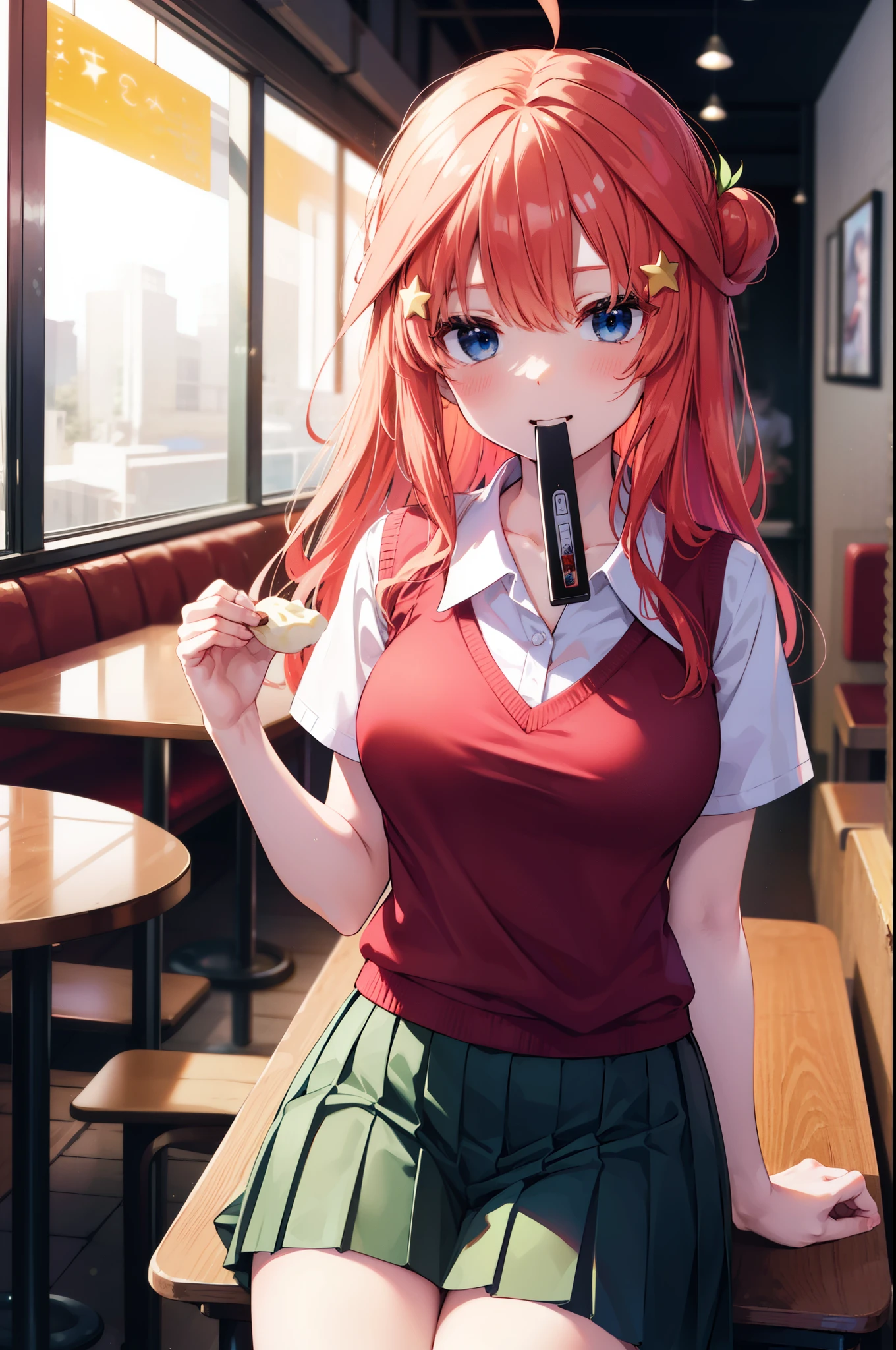 itsukinakano, Itsuki Nakano, bangs, blue eyes, Hair between the eyes, Ahoge, Redhead, star \(symbol\), hair ornaments, star hair ornaments,
break skirt, shirt, , clavicle, white shirt, Short sleeve, Pleated skirt, socks, collared shirt, mini skirt, Knee-high, white socks, (Green Skirt:1.5), Sweater vest, (red Sweater vest:1.5),Brown loafers,There is a lot of food on the table,Viking,buffet,whole bodyがイラストに入るように,
break looking at viewer, whole body,
break indoors, restaurant,crowd, people々々々,
break (masterpiece:1.2), highest quality, High resolution, unity 8k wallpaper, (shape:0.8), (Beautiful details:1.6), Highly detailed face, Perfect lighting, Extremely detailed CG, (Perfect hands, Perfect Anatomy),