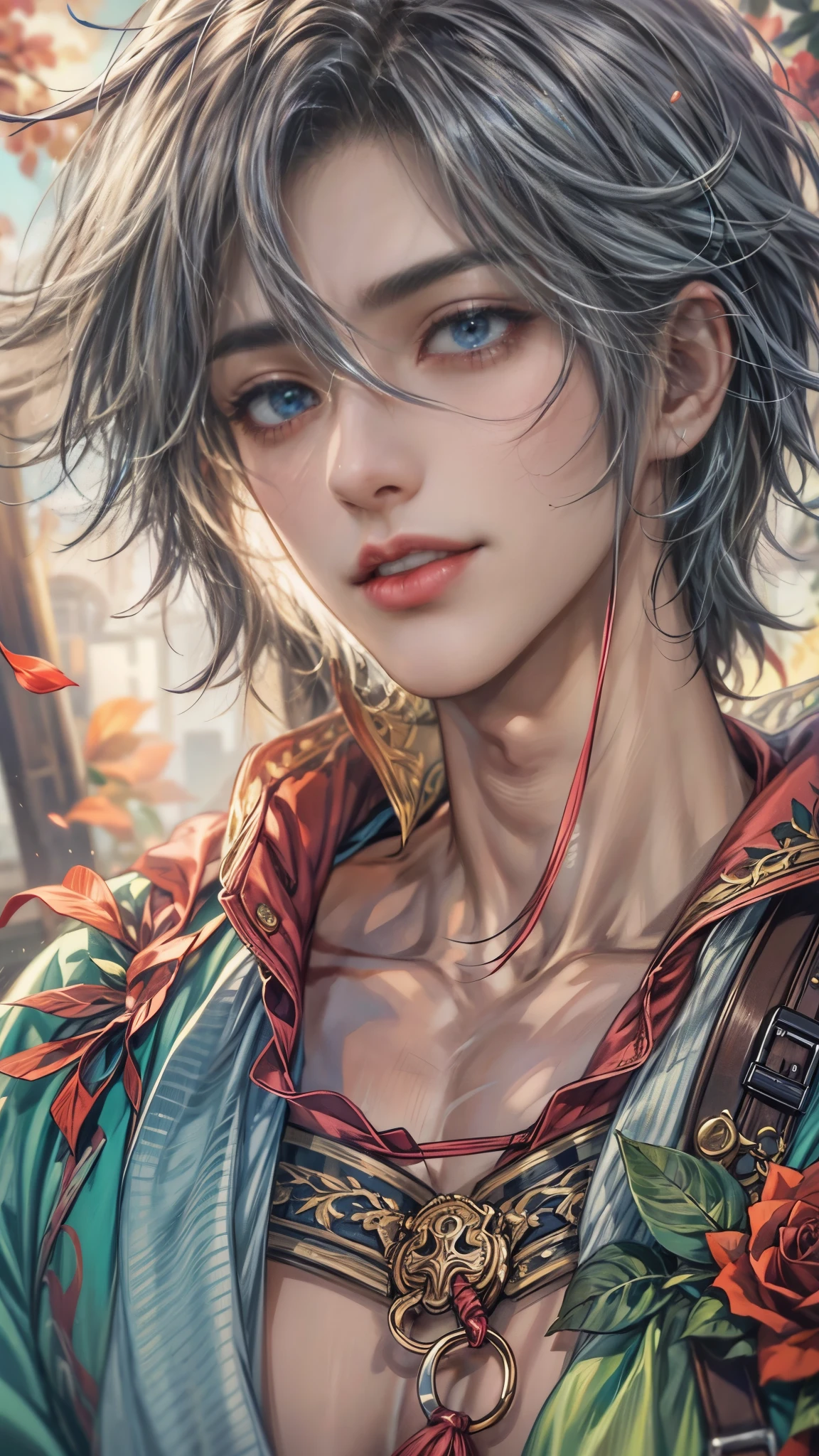 (absurdres, highres, ultra detailed, HDR), masterpiece, intricate details, best quality close-up picture of a character from suikoden, a character with handsome looks, korean face, original hair, short hair, anime blue eyes, smirking face, matured teen, tim Burton theme, topless outfit showing chest, crop top, detailed horror town setting background, colorful roses scenery, detailed character, art kenouji