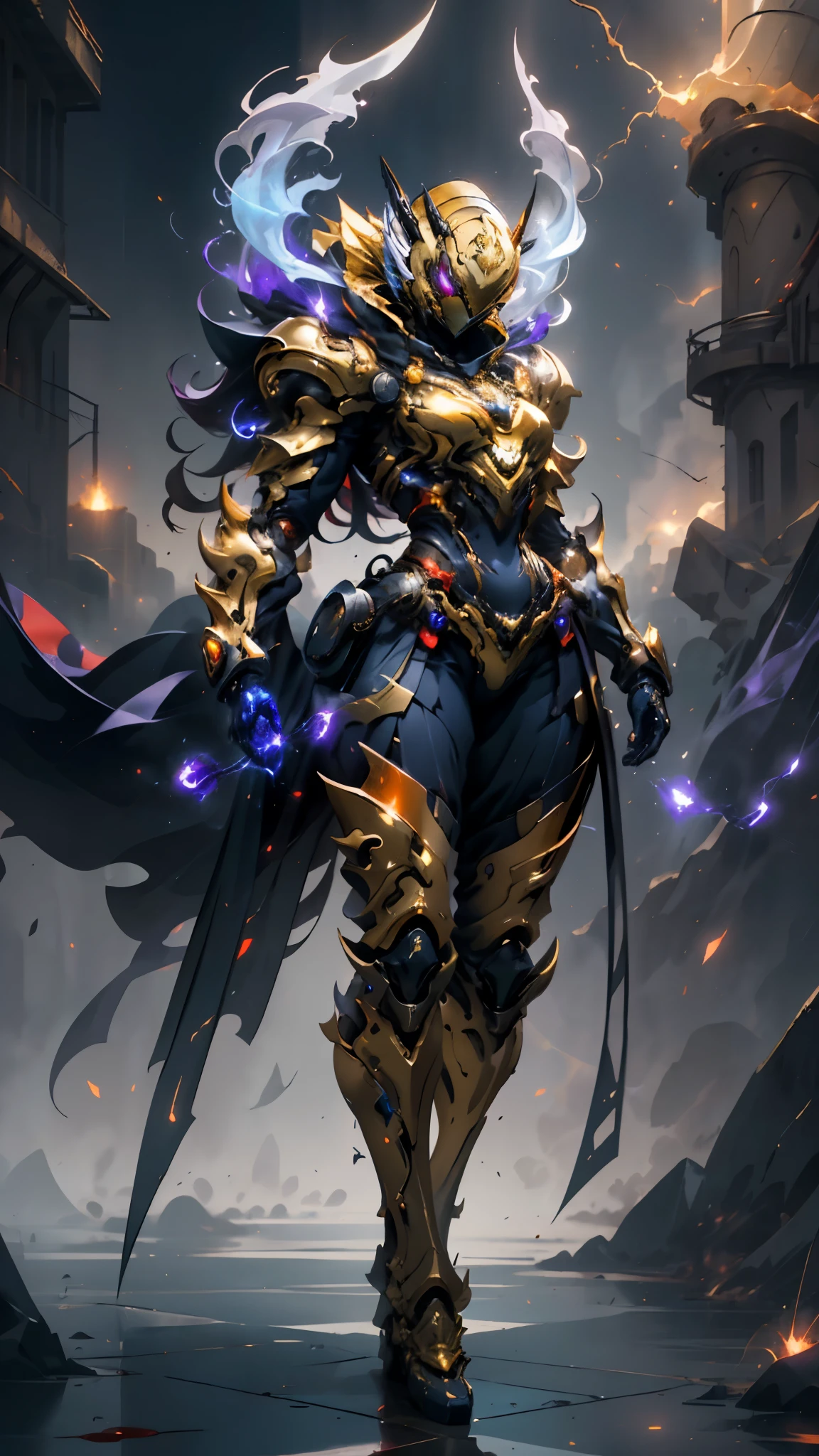 A woman adorned in fantasy-style full-body armor, a crown-concept fully enclosed helmet that unveils only her eyes, a composite layered chest plate, fully encompassing shoulder and hand guards, a lightweight waist armor, form-fitting shin guards, the overall design is heavy-duty yet flexible, ((the armor gleams with a golden glow, complemented by red and blue accents)), exhibiting a noble aura, she floats above a fantasy-surreal high-tech city, this character embodies a finely crafted fantasy-surreal style armored hero in anime style, exquisite and mature manga art style, (mixture of Queen bee and Spider concept Armor, plasma, blood), ((Element, energy, elegant, goddess, femminine:1.5)), metallic, high definition, best quality, highres, ultra-detailed, ultra-fine painting, extremely delicate, professional, anatomically correct, symmetrical face, extremely detailed eyes and face, high quality eyes, creativity, RAW photo, UHD, 32k, Natural light, cinematic lighting, masterpiece-anatomy-perfect, masterpiece:1.5