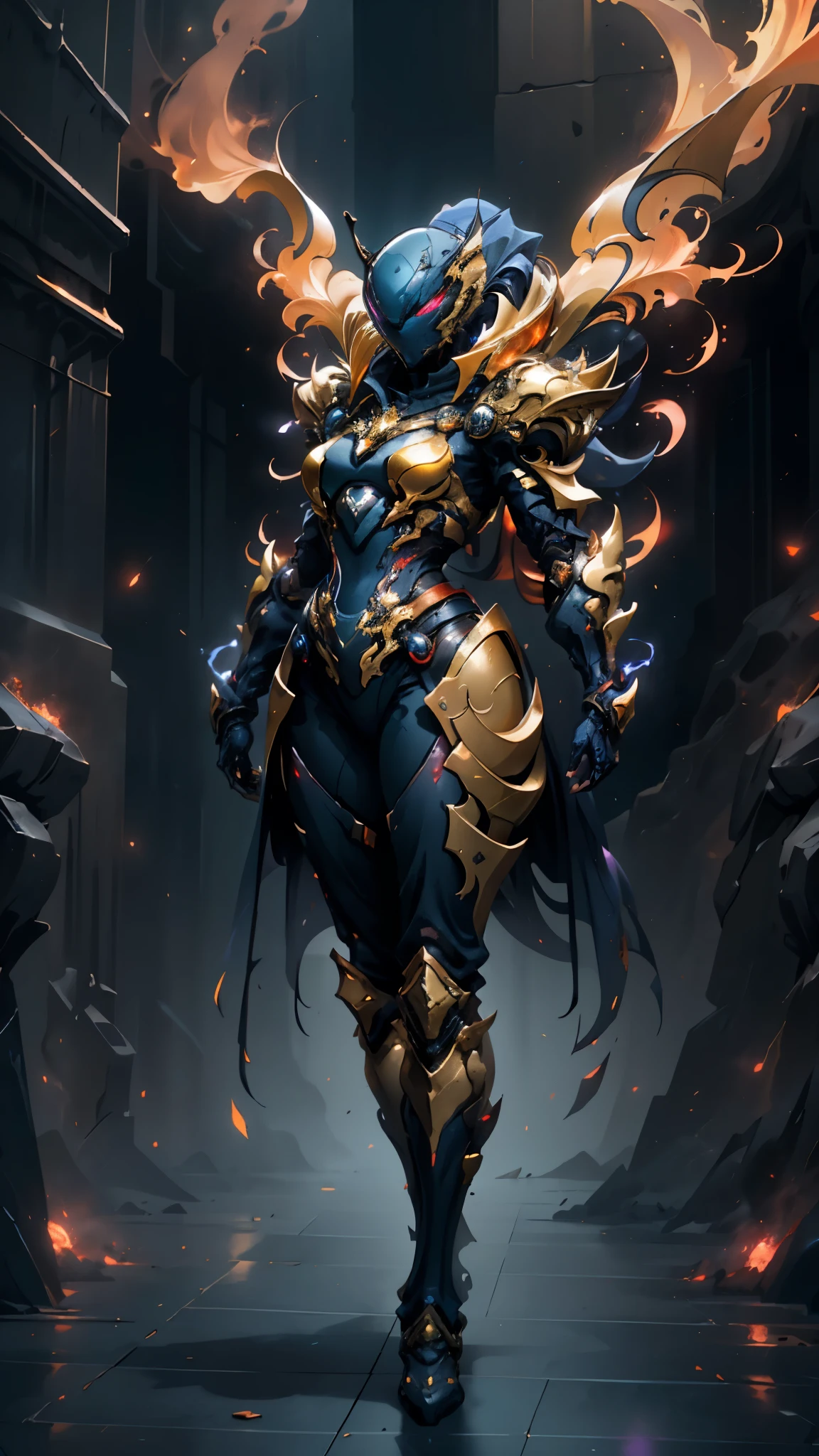 A woman adorned in fantasy-style full-body armor, a crown-concept fully enclosed helmet that unveils only her eyes, a composite layered chest plate, fully encompassing shoulder and hand guards, a lightweight waist armor, form-fitting shin guards, the overall design is heavy-duty yet flexible, ((the armor gleams with a golden glow, complemented by red and blue accents)), exhibiting a noble aura, she floats above a fantasy-surreal high-tech city, this character embodies a finely crafted fantasy-surreal style armored hero in anime style, exquisite and mature manga art style, (mixture of Queen bee and Spider concept Armor, plasma, blood), ((Element, energy, elegant, goddess, femminine:1.5)), metallic, high definition, best quality, highres, ultra-detailed, ultra-fine painting, extremely delicate, professional, anatomically correct, symmetrical face, extremely detailed eyes and face, high quality eyes, creativity, RAW photo, UHD, 32k, Natural light, cinematic lighting, masterpiece-anatomy-perfect, masterpiece:1.5