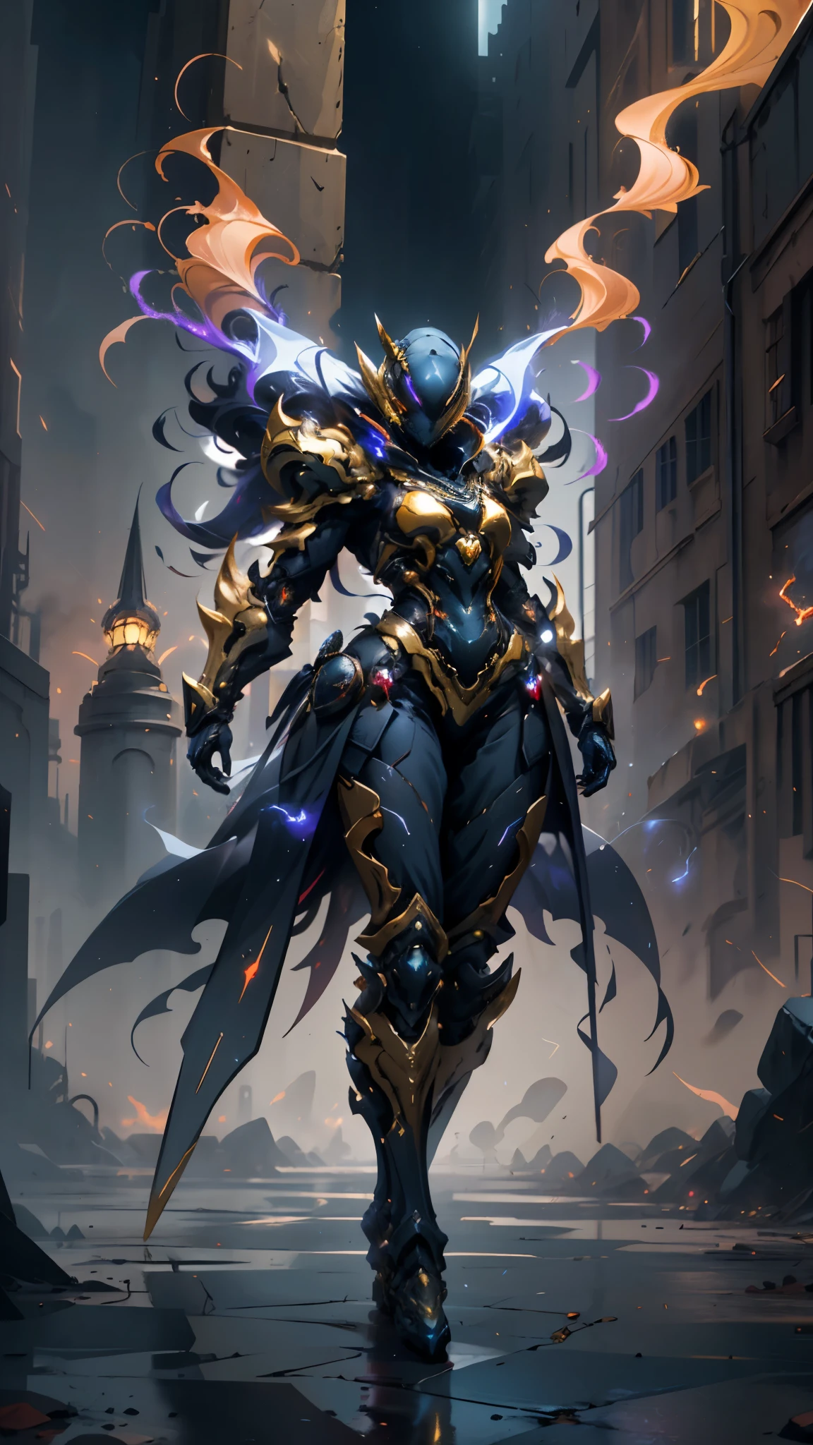 A woman adorned in fantasy-style full-body armor, a crown-concept fully enclosed helmet that unveils only her eyes, a composite layered chest plate, fully encompassing shoulder and hand guards, a lightweight waist armor, form-fitting shin guards, the overall design is heavy-duty yet flexible, ((the armor gleams with a golden glow, complemented by red and blue accents)), exhibiting a noble aura, she floats above a fantasy-surreal high-tech city, this character embodies a finely crafted fantasy-surreal style armored hero in anime style, exquisite and mature manga art style, (mixture of Queen bee and Spider concept Armor, plasma, blood), ((Element, energy, elegant, goddess, femminine:1.5)), metallic, high definition, best quality, highres, ultra-detailed, ultra-fine painting, extremely delicate, professional, anatomically correct, symmetrical face, extremely detailed eyes and face, high quality eyes, creativity, RAW photo, UHD, 32k, Natural light, cinematic lighting, masterpiece-anatomy-perfect, masterpiece:1.5