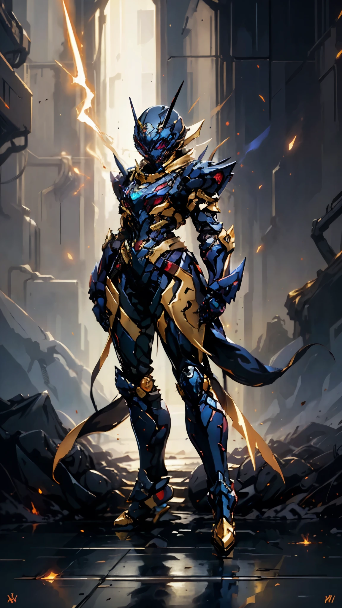 A woman adorned in fantasy-style full-body armor, a crown-concept fully enclosed helmet that unveils only her eyes, a composite layered chest plate, fully encompassing shoulder and hand guards, a lightweight waist armor, form-fitting shin guards, the overall design is heavy-duty yet flexible, ((the armor gleams with a golden glow, complemented by red and blue accents)), exhibiting a noble aura, she floats above a fantasy-surreal high-tech city, this character embodies a finely crafted fantasy-surreal style armored hero in anime style, exquisite and mature manga art style, (mixture of Queen bee and Spider concept Armor, plasma, blood), ((Element, energy, elegant, goddess, femminine:1.5)), metallic, high definition, best quality, highres, ultra-detailed, ultra-fine painting, extremely delicate, professional, anatomically correct, symmetrical face, extremely detailed eyes and face, high quality eyes, creativity, RAW photo, UHD, 32k, Natural light, cinematic lighting, masterpiece-anatomy-perfect, masterpiece:1.5