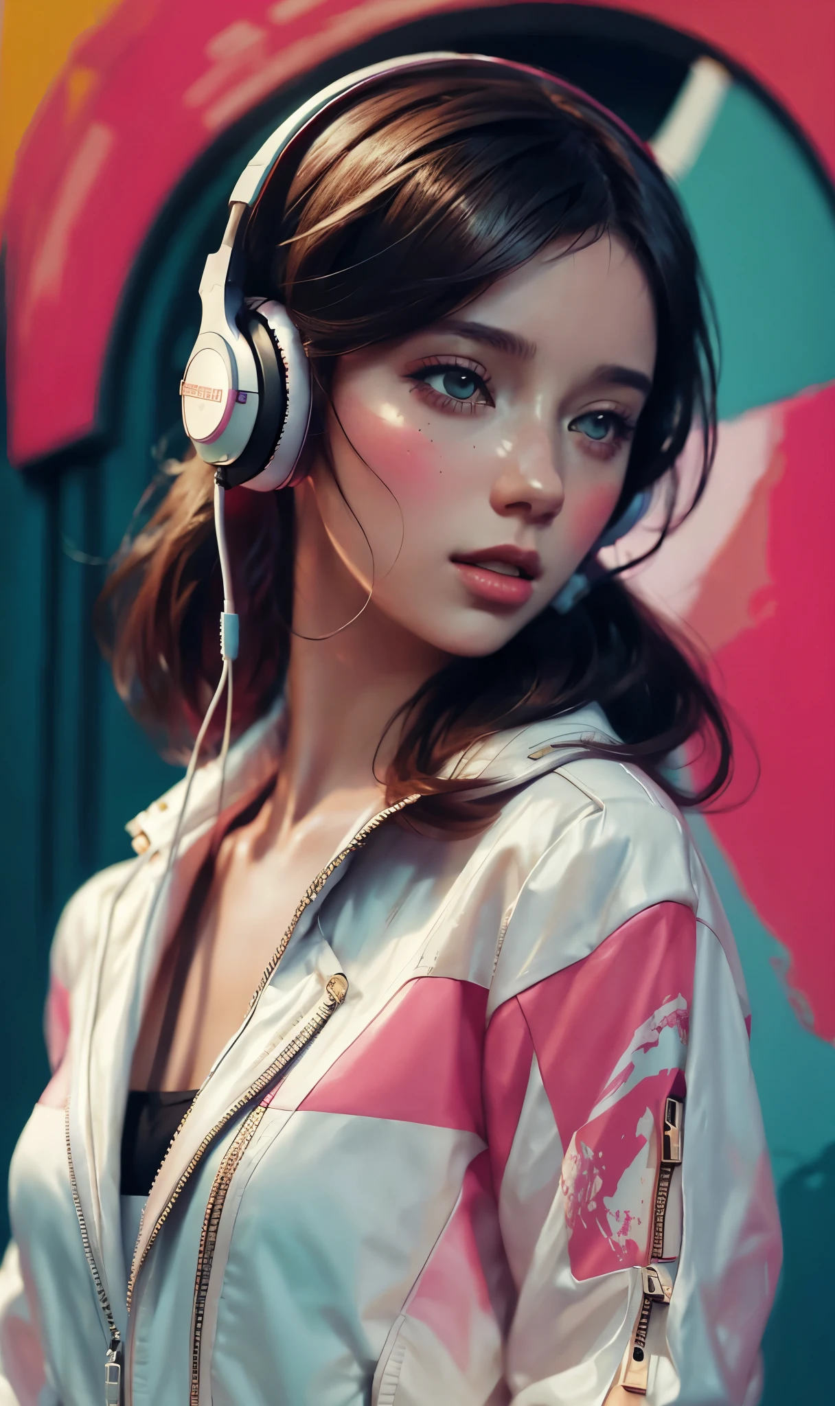 model girl wearing headphones, city background, intricate details, aesthetically pleasing pastel colors, poster background, art by conrad roset and ilya kuvshinov