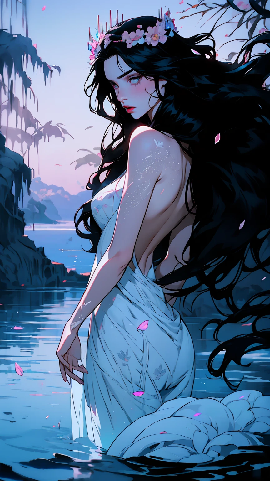 magical girl with her pet mouse, very long black hair, perfect ass, naked communing with nature and night magic, sinister swamp with water lilies, magic, fantastic, night sky, moons, stars, background, (art inspired by Bill Sienkiewicz ). oil painting)
